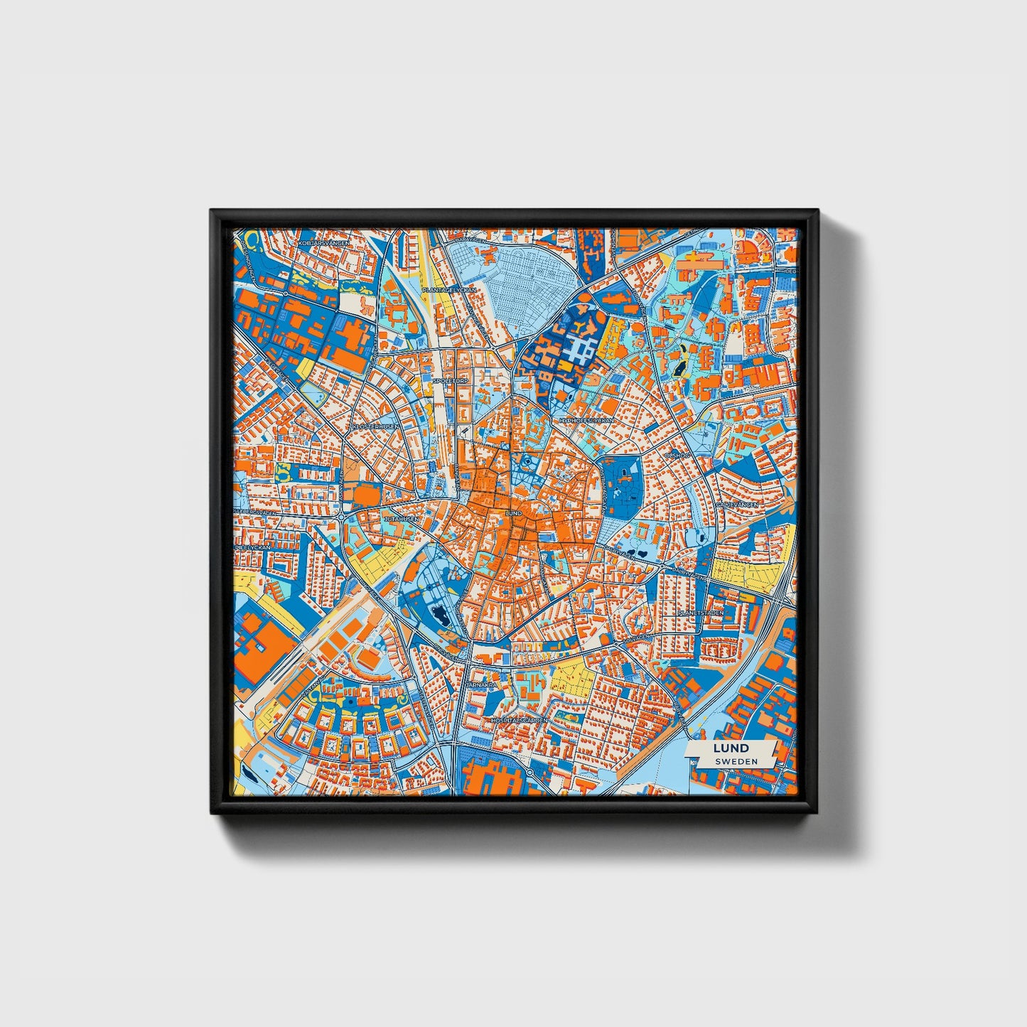 Lund Sweden Colorful City Map Canvas Print • Black Framed