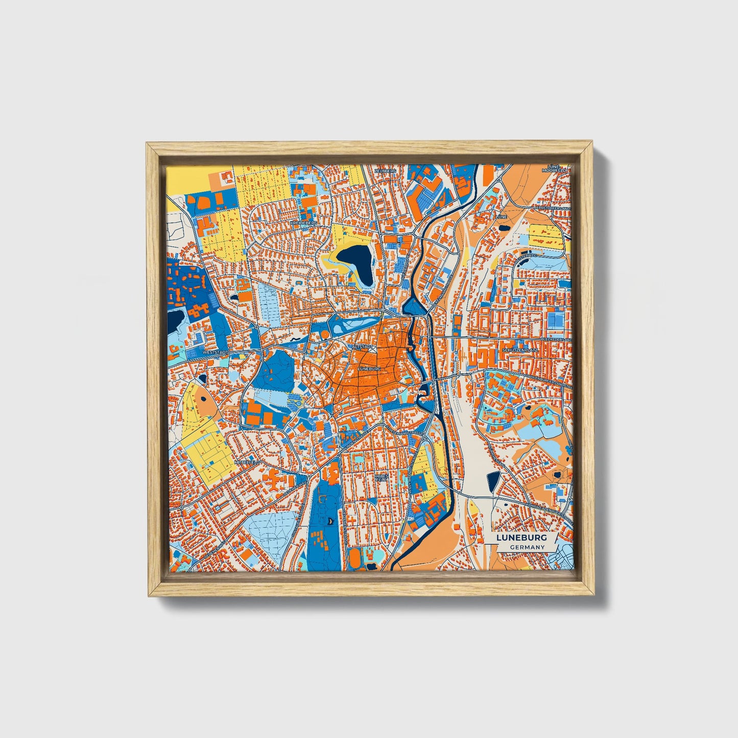 Lüneburg Germany Colorful City Map Canvas Print • Natural Wooden Framed