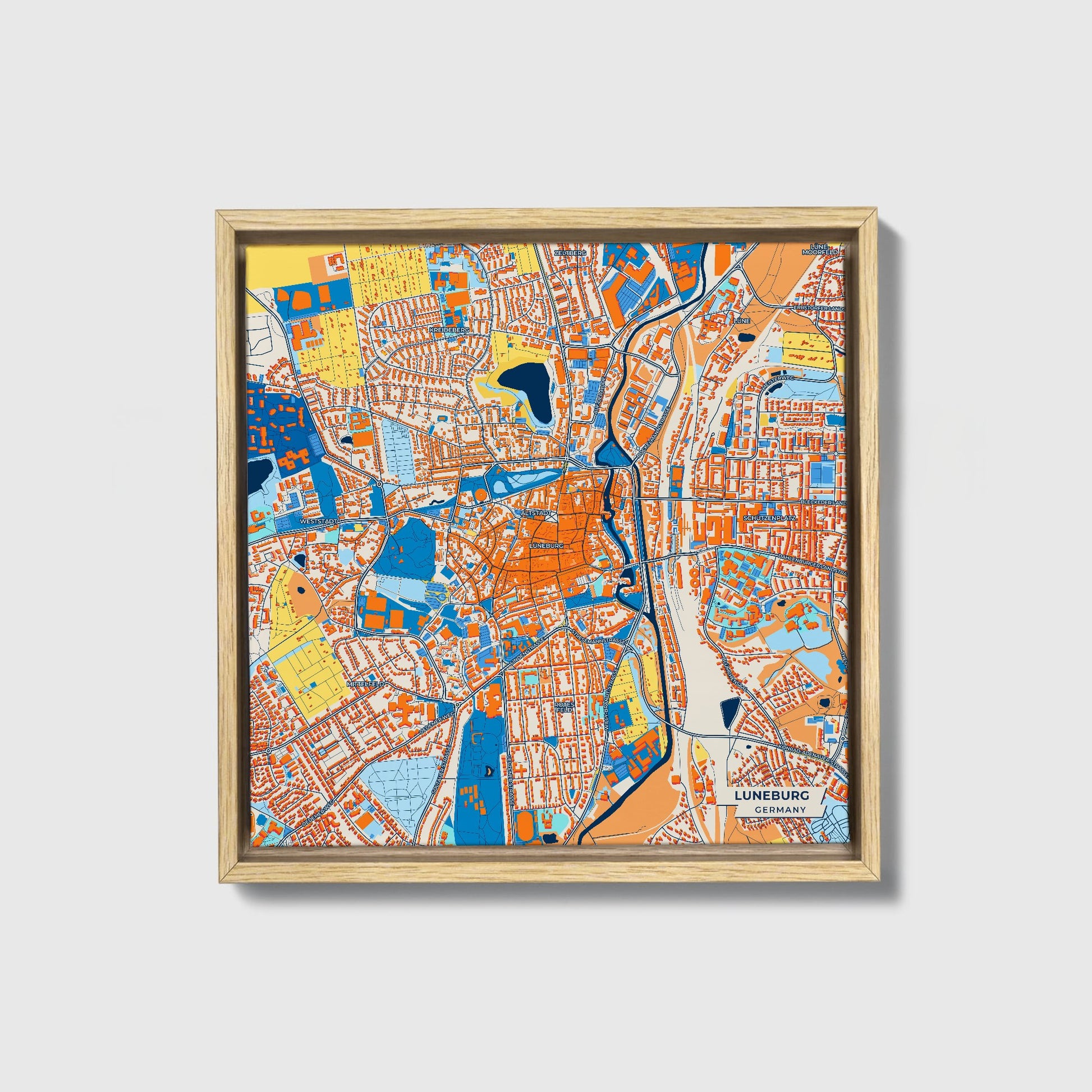 Lüneburg Germany Colorful City Map Canvas Print • Natural Wooden Framed