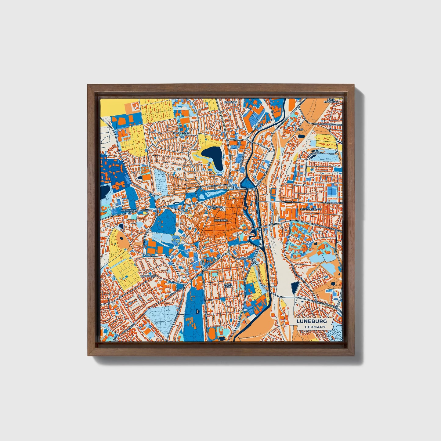 Lüneburg Germany Colorful City Map Canvas Print • Dark Wooden Framed