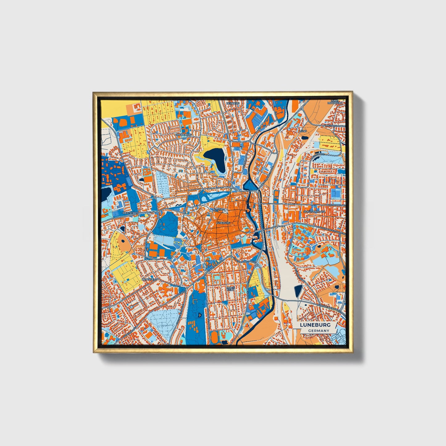 Lüneburg Germany Colorful City Map Canvas Print • Gold Framed