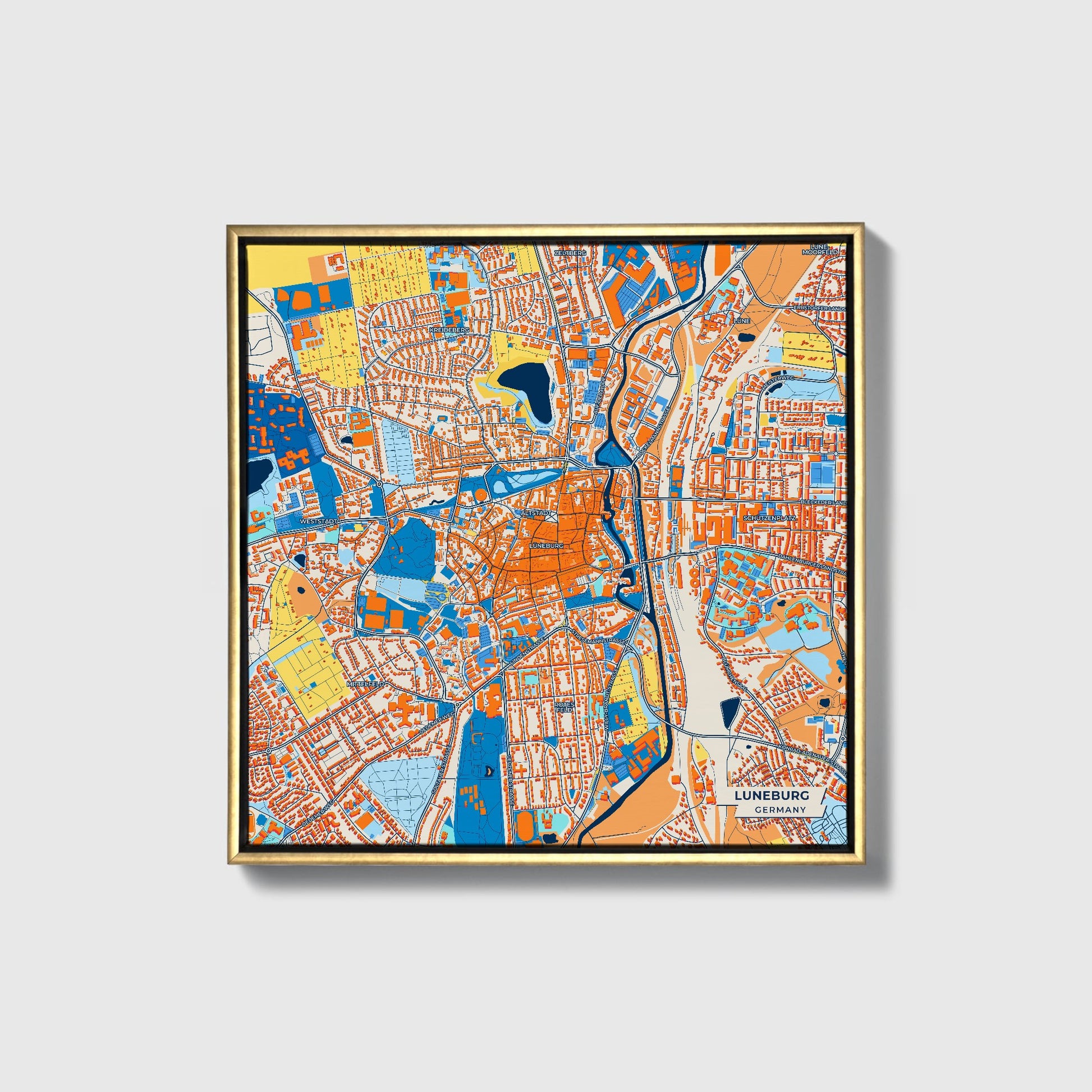 Lüneburg Germany Colorful City Map Canvas Print • Gold Framed
