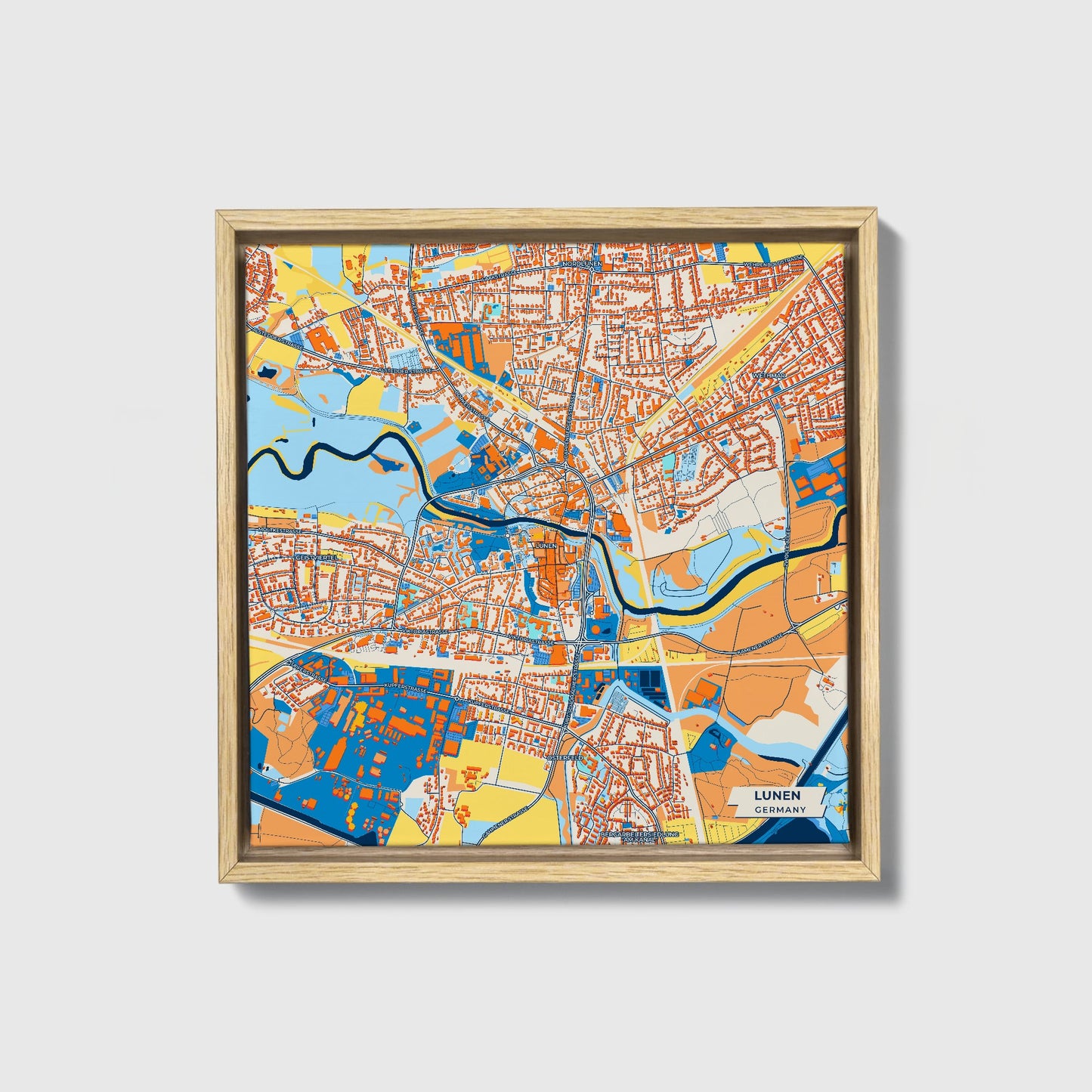 Lünen Germany Colorful City Map Canvas Print • Natural Wooden Framed