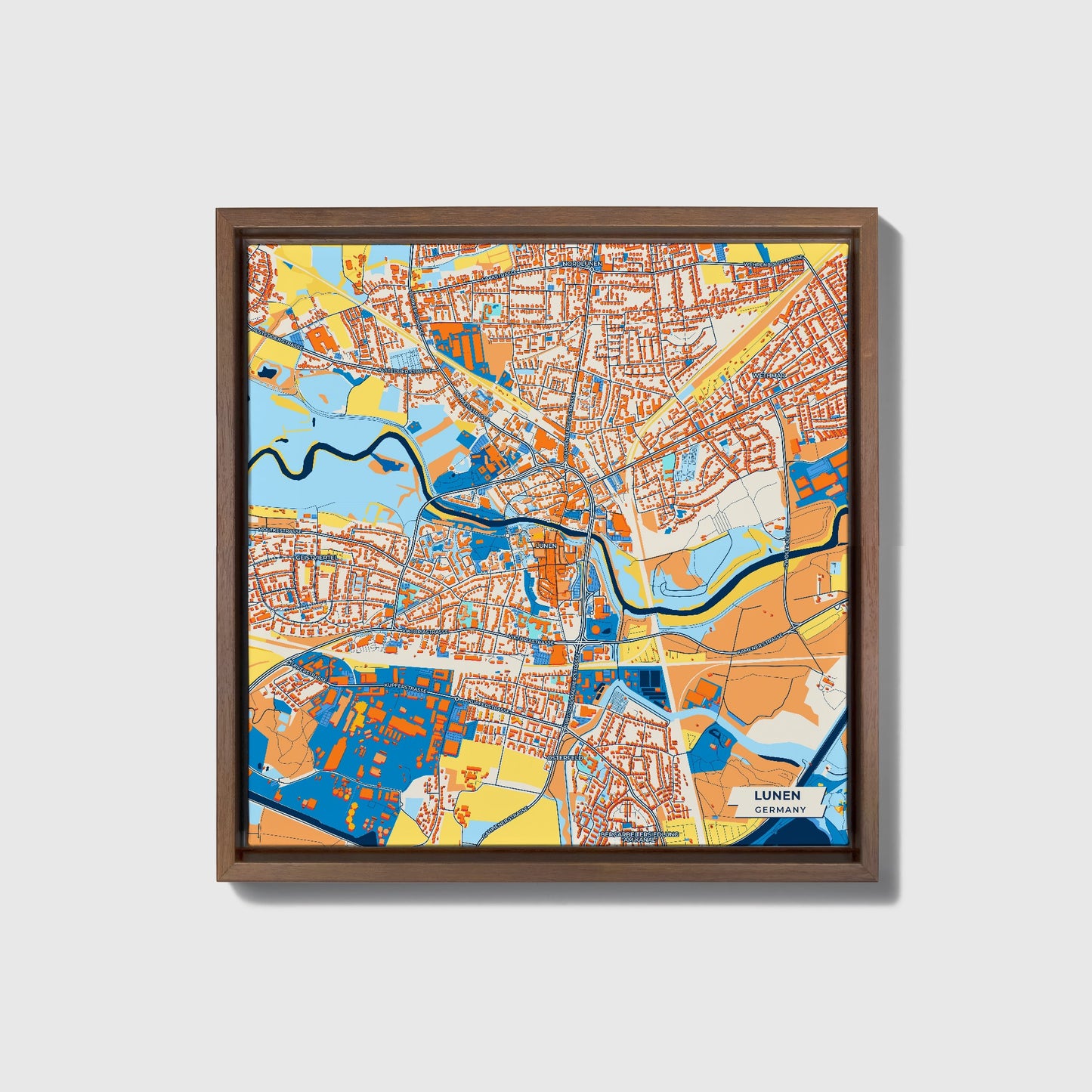 Lünen Germany Colorful City Map Canvas Print • Dark Wooden Framed
