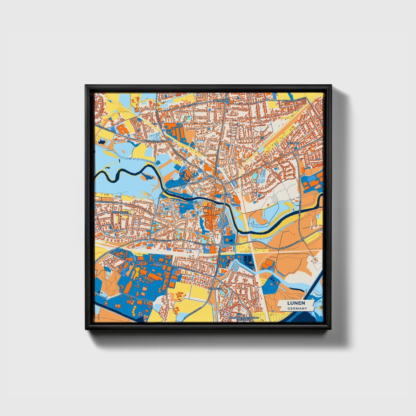 Lünen Germany Colorful City Map Canvas Print • Black Framed