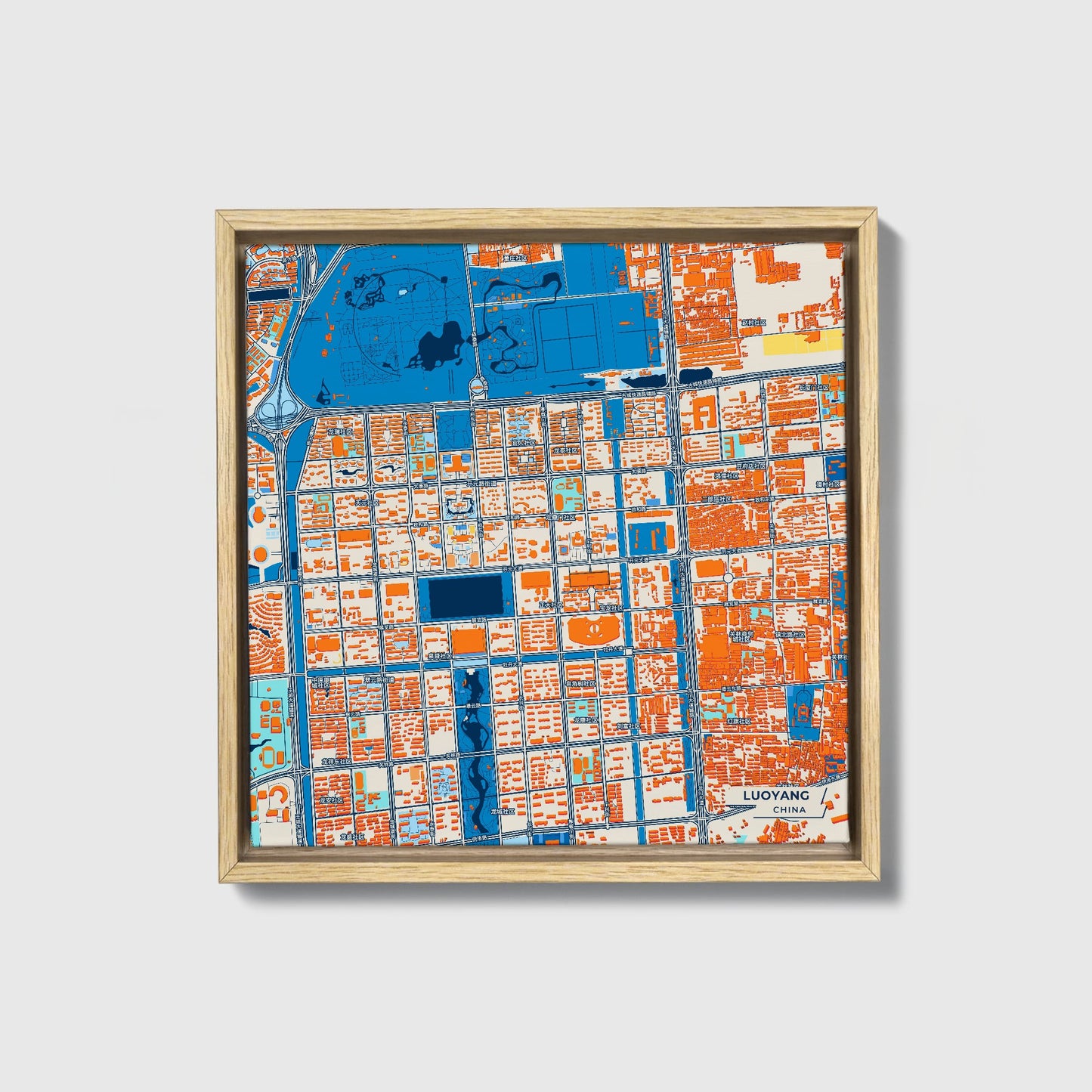 Luoyang China Colorful City Map Canvas Print • Natural Wooden Framed