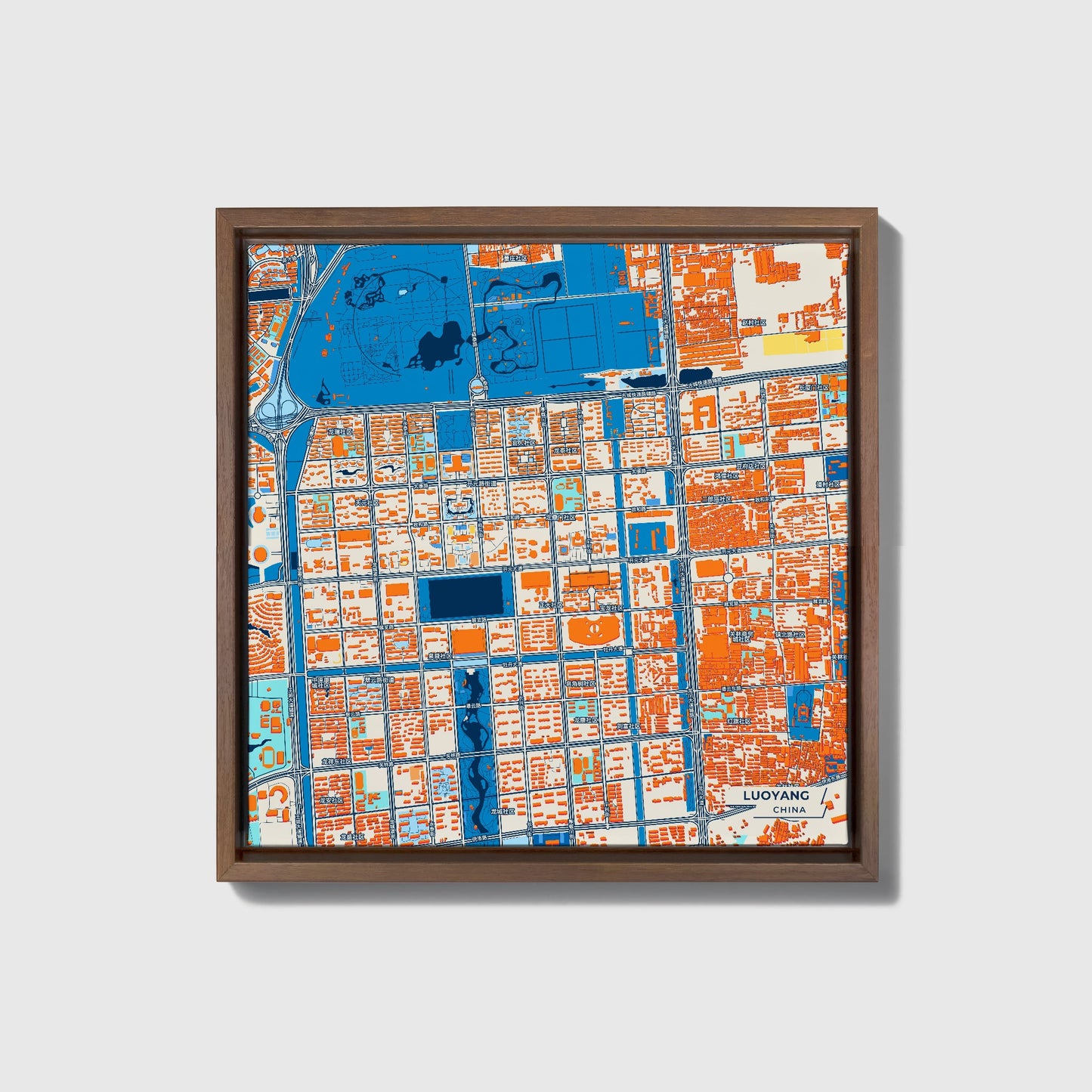 Luoyang China Colorful City Map Canvas Print • Dark Wooden Framed