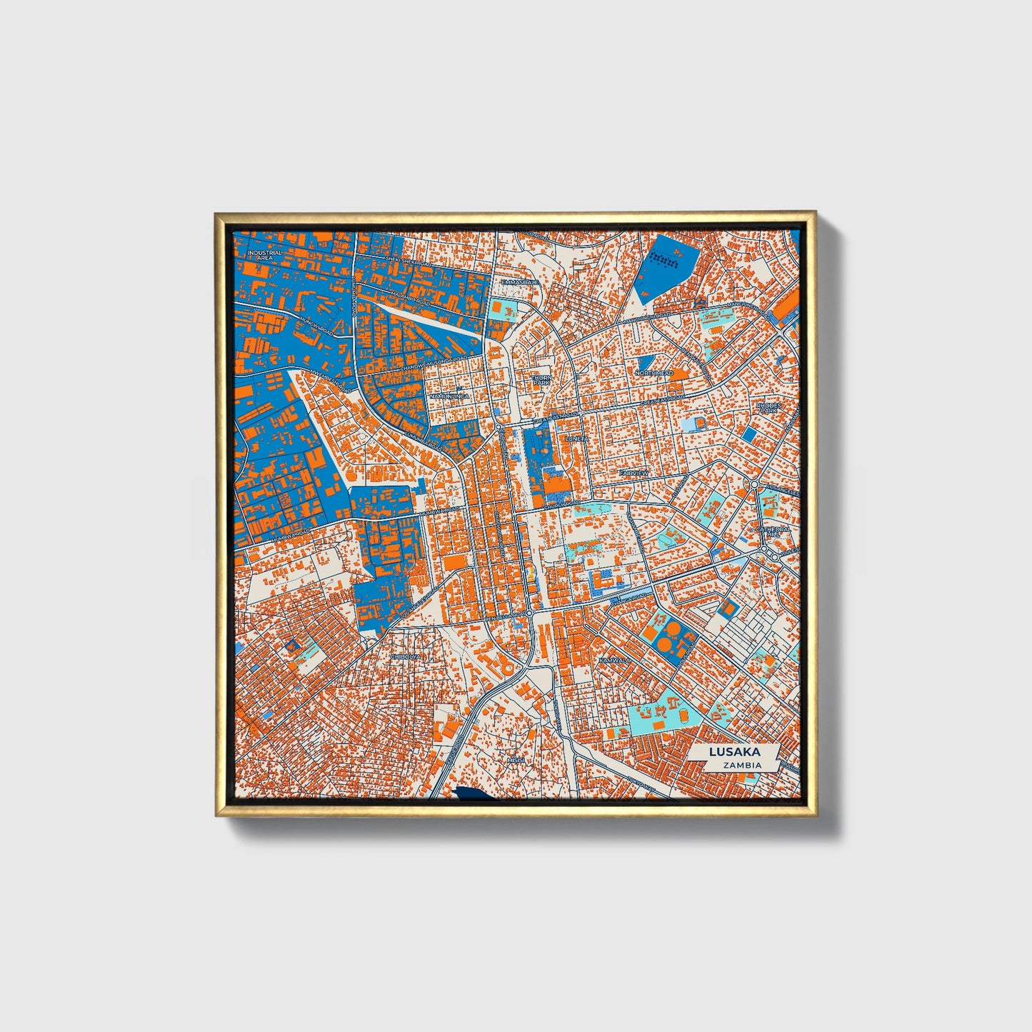 Lusaka Zambia Colorful City Map Canvas Print • Gold Framed