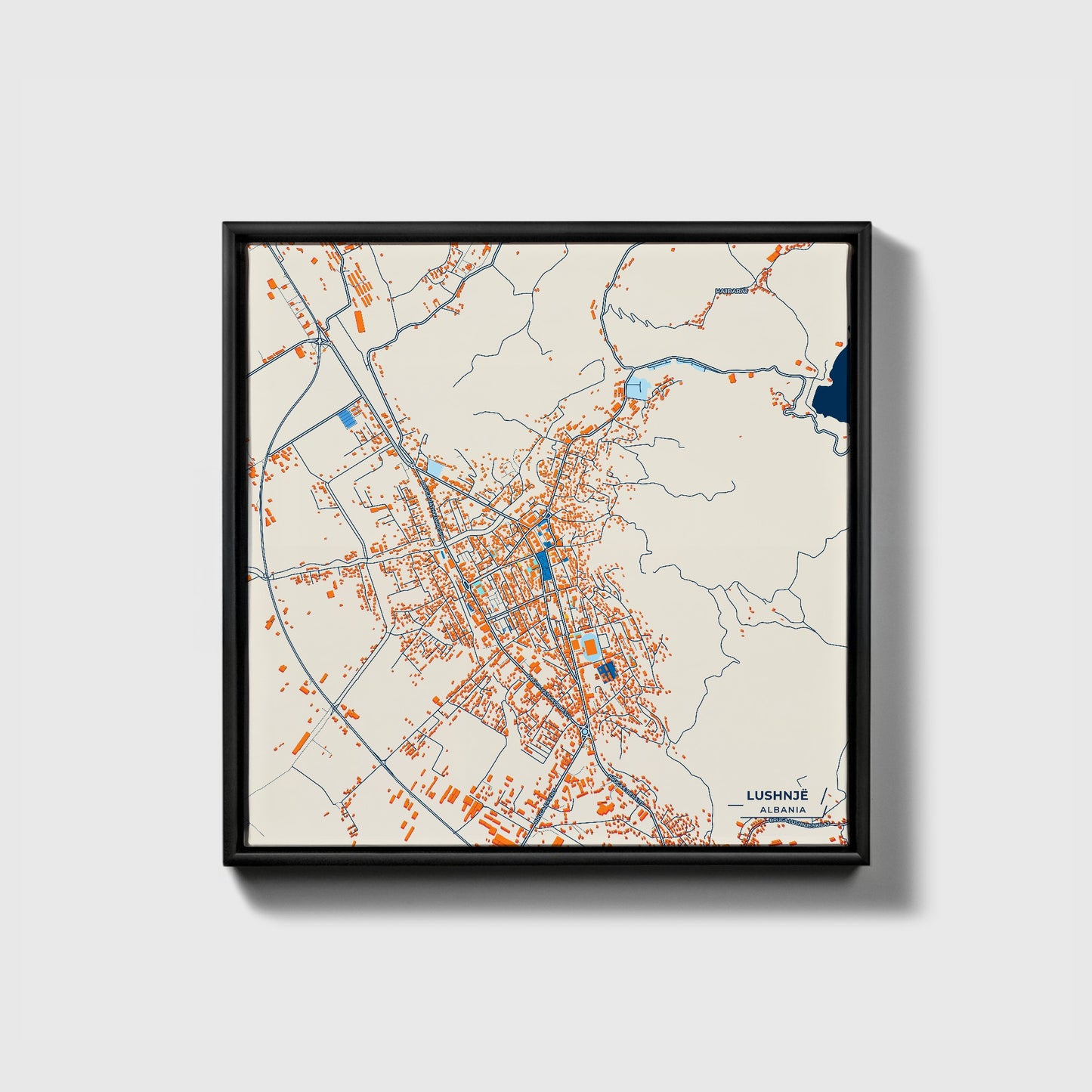 Lushnjë Albania Colorful City Map Canvas Print • Black Framed