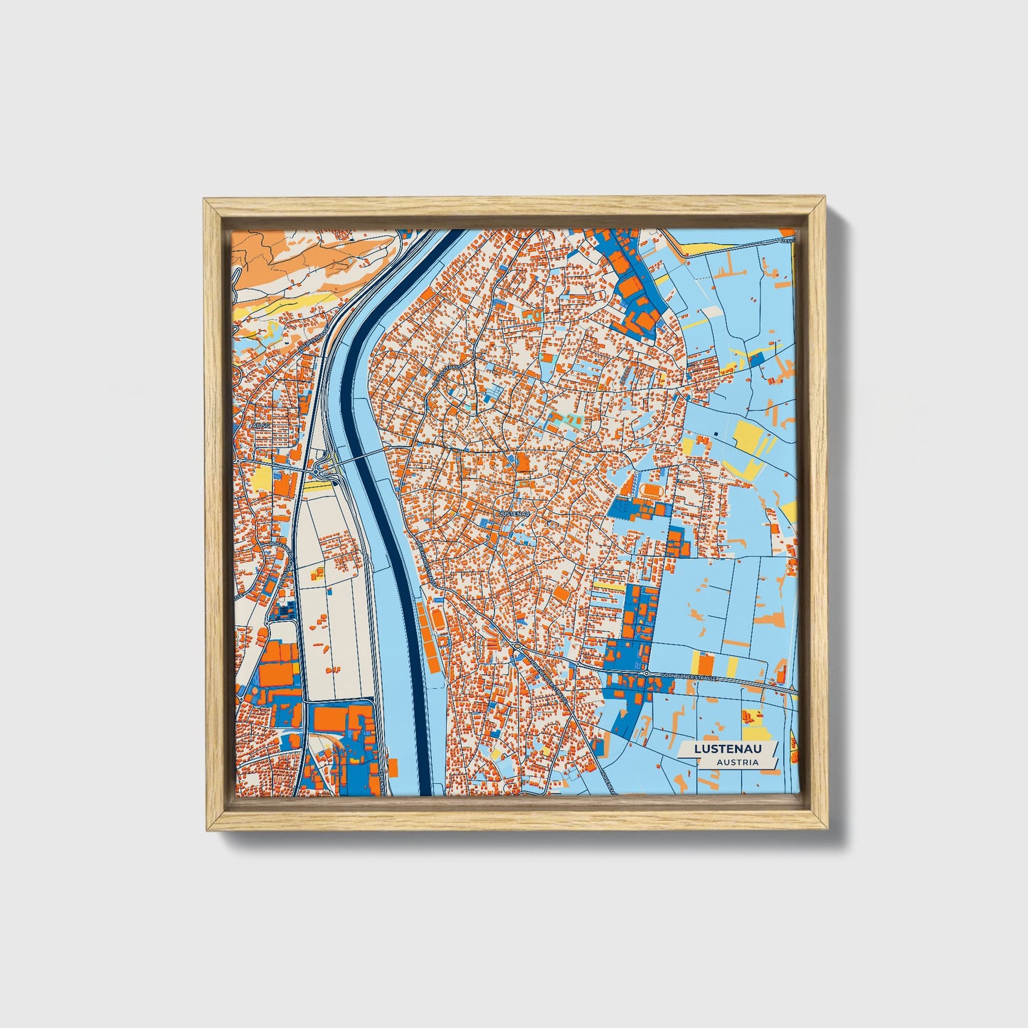 Lustenau Austria Colorful City Map Canvas Print • Natural Wooden Framed