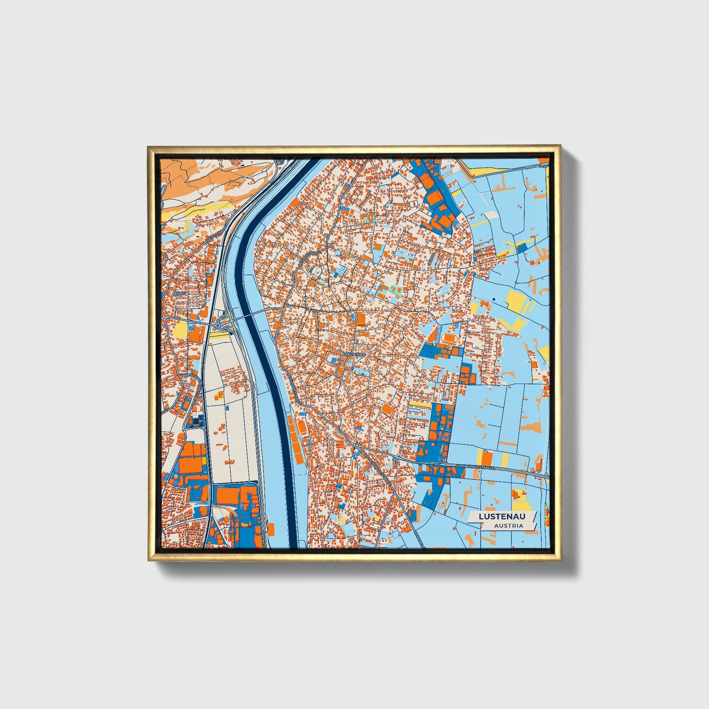 Lustenau Austria Colorful City Map Canvas Print • Gold Framed