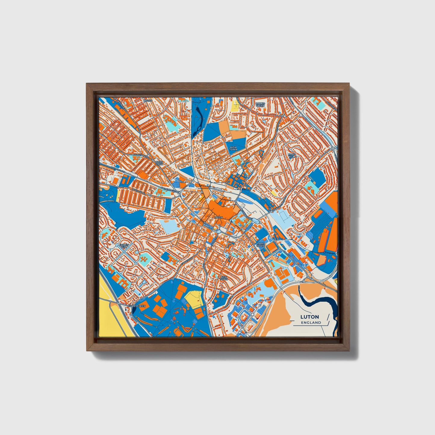 Luton England Colorful City Map Canvas Print • Dark Wooden Framed