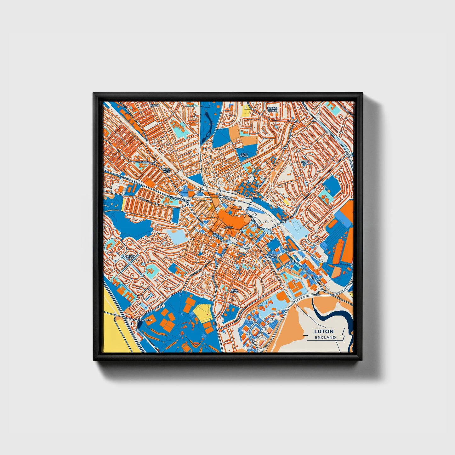 Luton England Colorful City Map Canvas Print • Black Framed