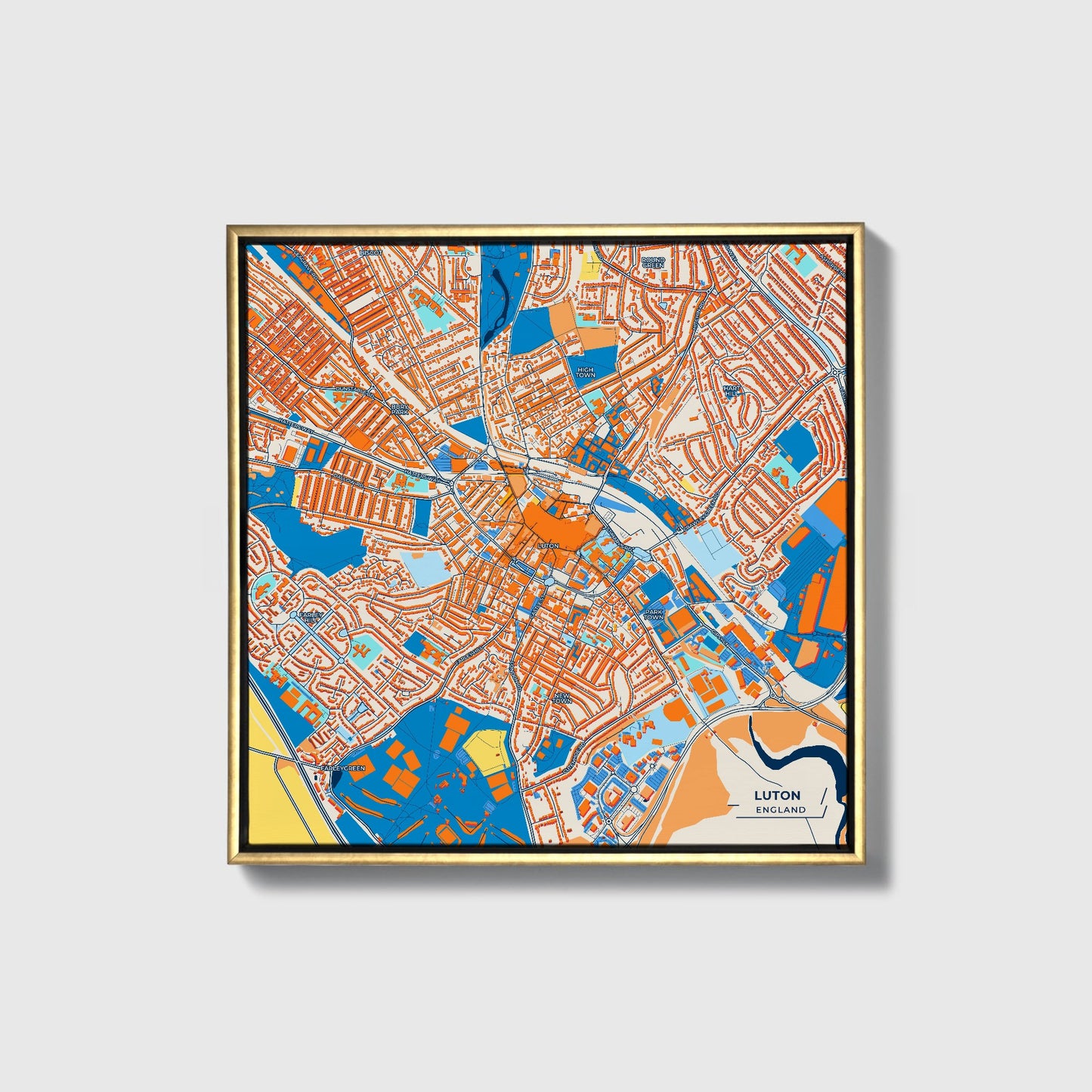 Luton England Colorful City Map Canvas Print • Gold Framed