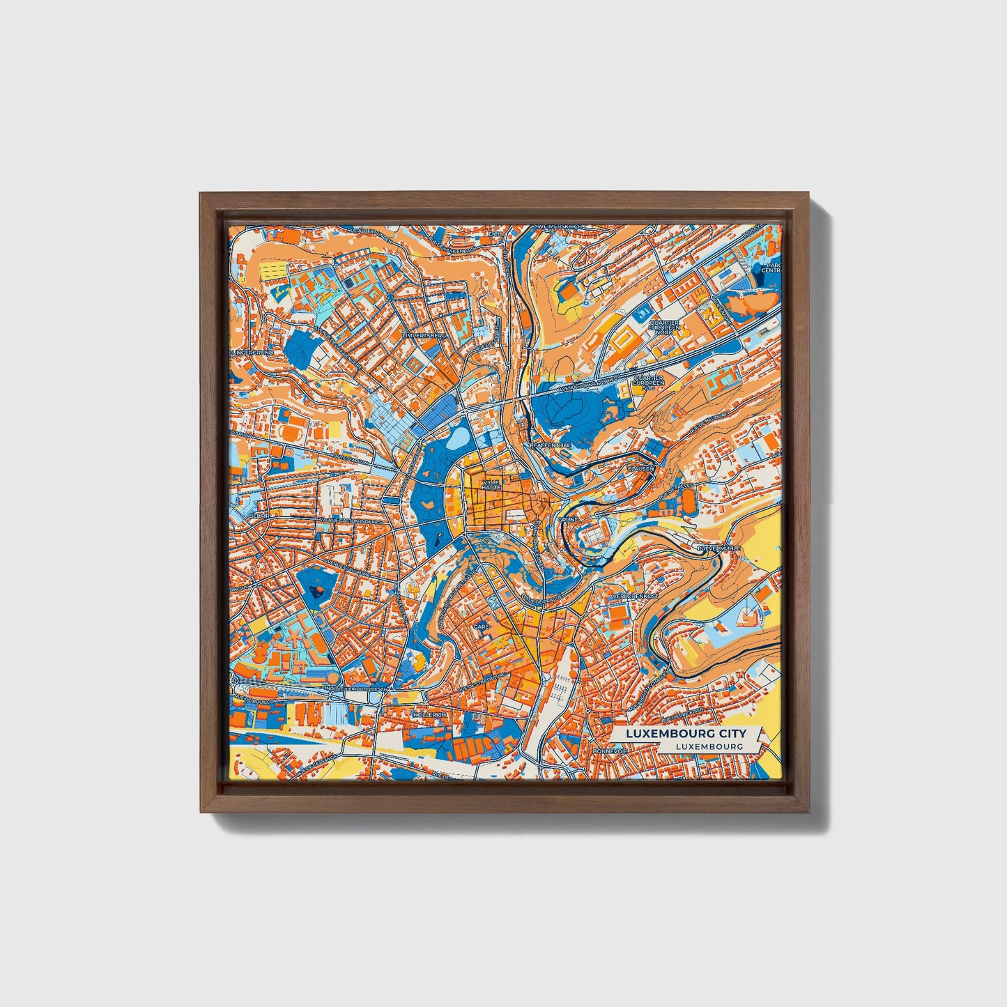 Luxembourg City Luxembourg Colorful City Map Canvas Print • Dark Wooden Framed