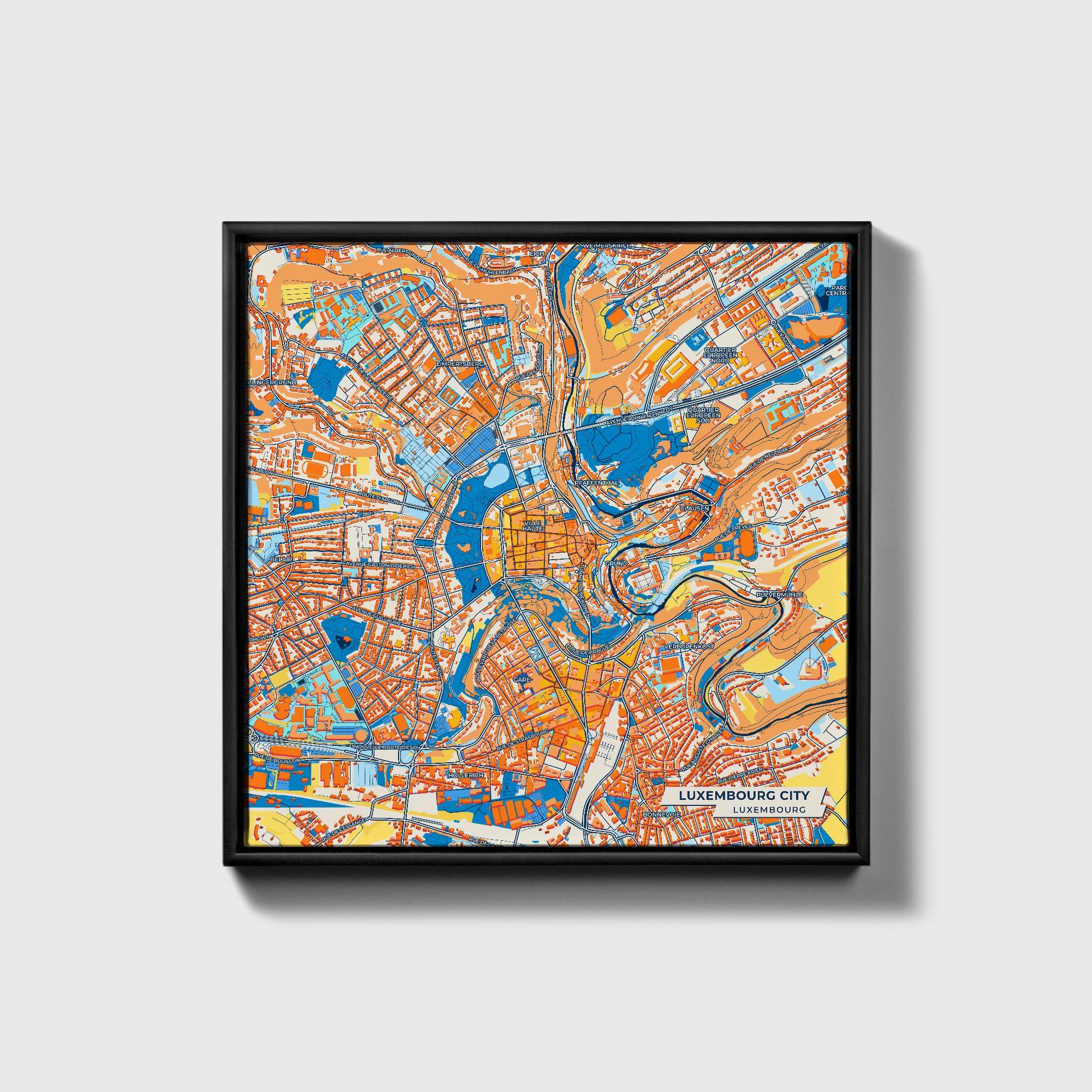 Luxembourg City Luxembourg Colorful City Map Canvas Print • Black Framed