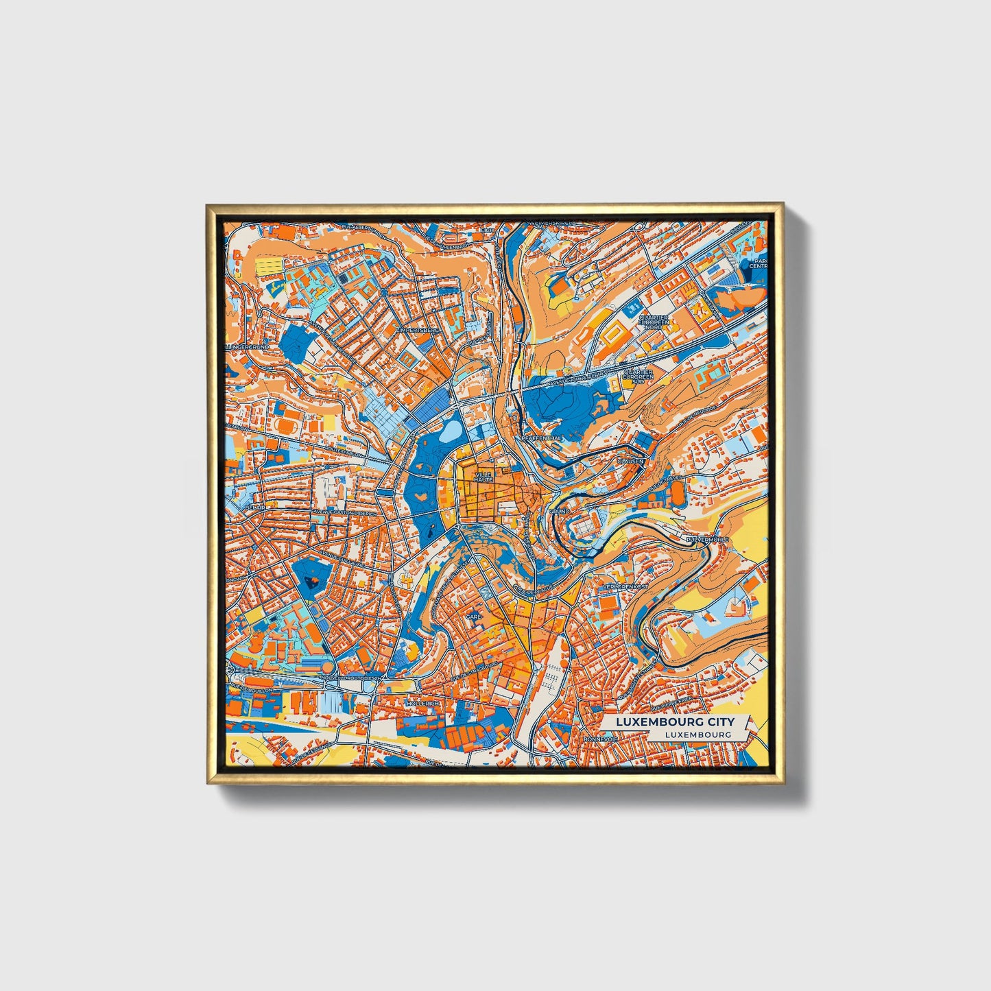 Luxembourg City Luxembourg Colorful City Map Canvas Print • Gold Framed