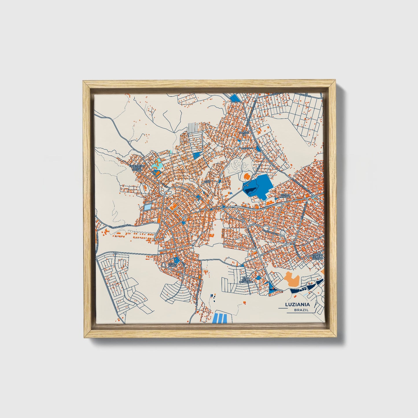 Luziania Brazil Colorful City Map Canvas Print • Natural Wooden Framed