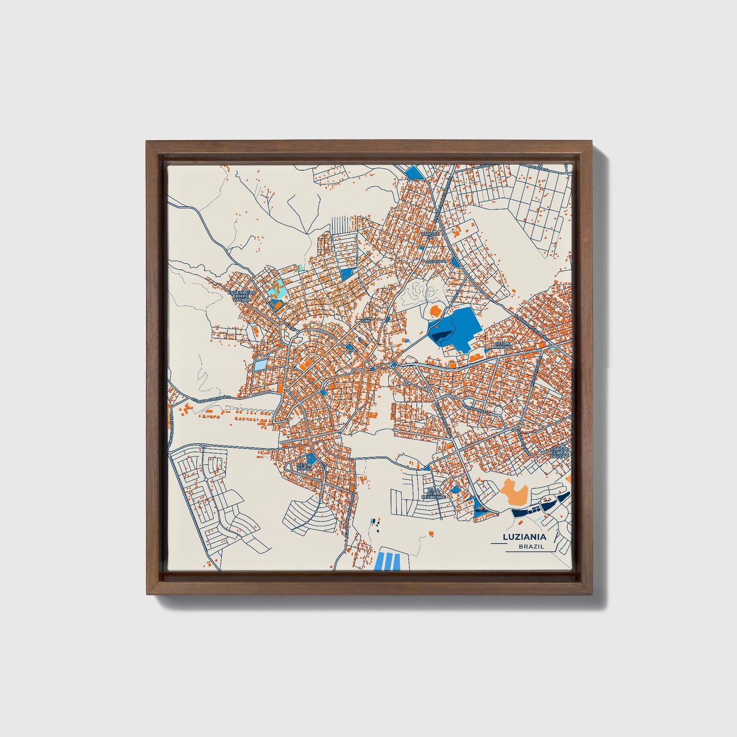 Luziania Brazil Colorful City Map Canvas Print • Dark Wooden Framed