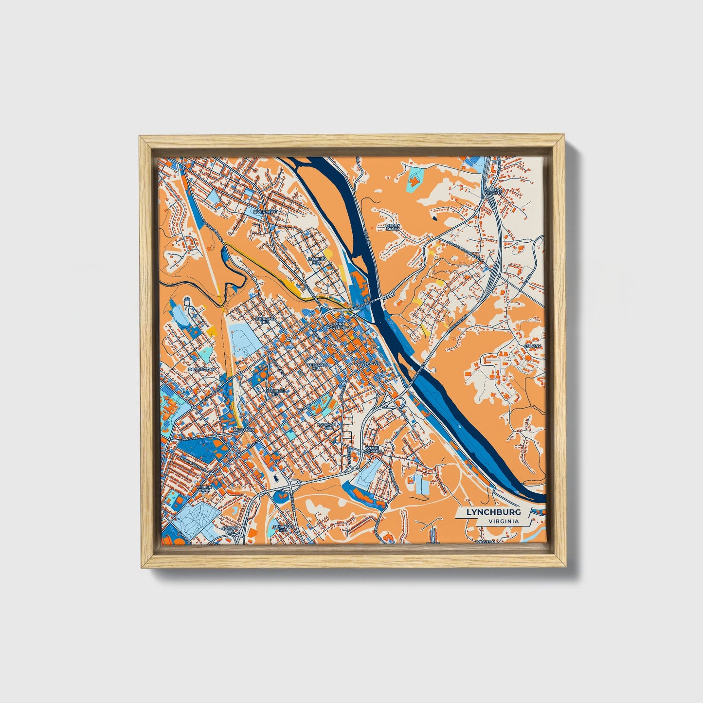 Lynchburg Virginia Colorful City Map Canvas Print • Natural Wooden Framed