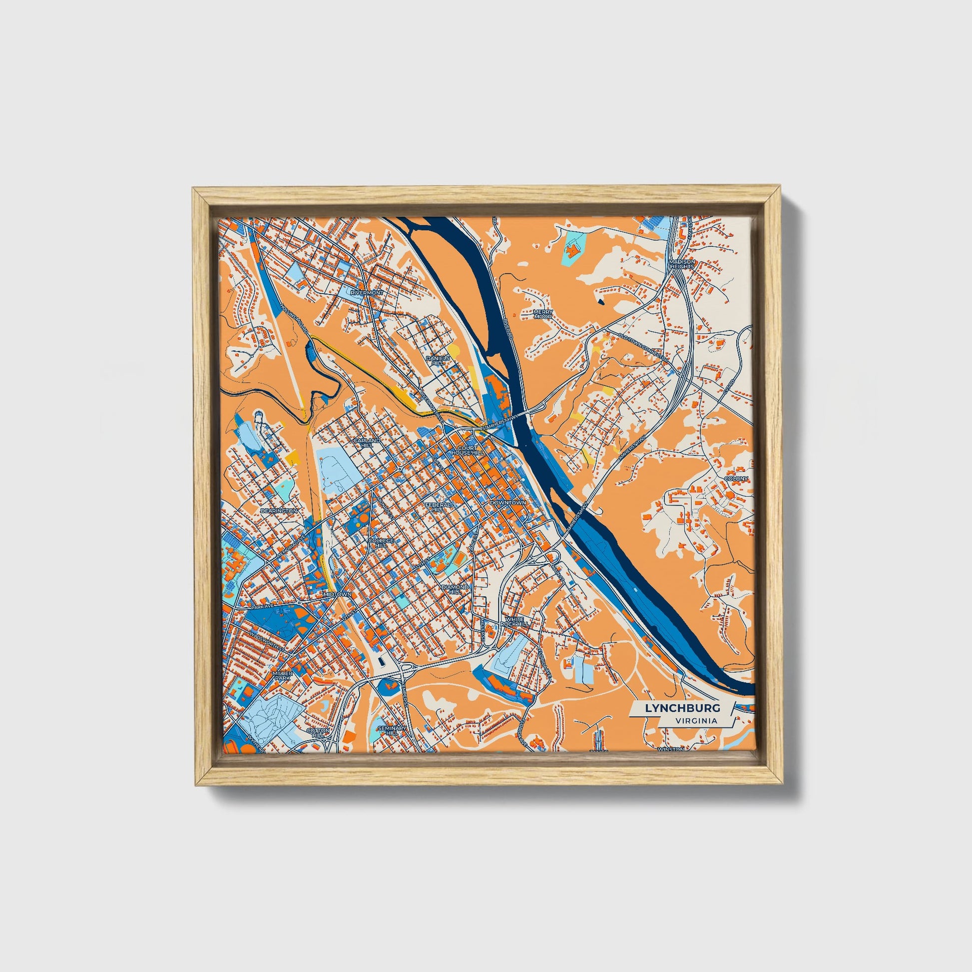 Lynchburg Virginia Colorful City Map Canvas Print • Natural Wooden Framed