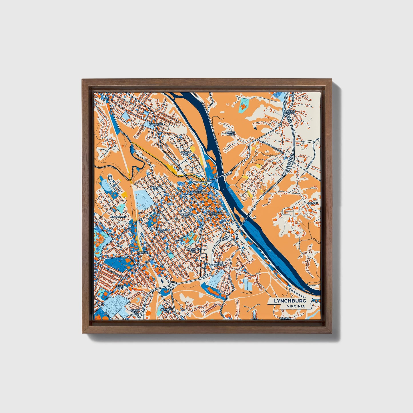 Lynchburg Virginia Colorful City Map Canvas Print • Dark Wooden Framed