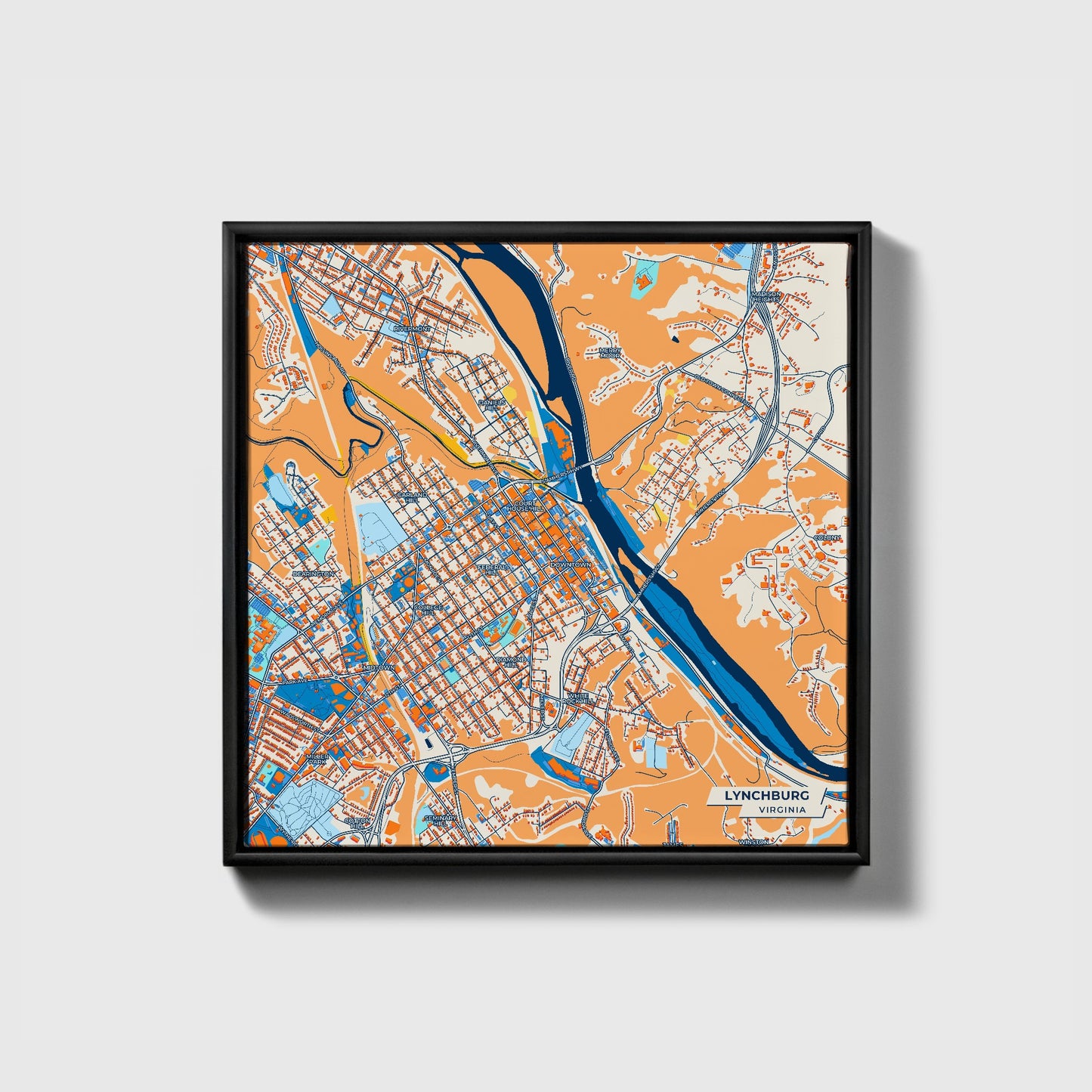 Lynchburg Virginia Colorful City Map Canvas Print • Black Framed
