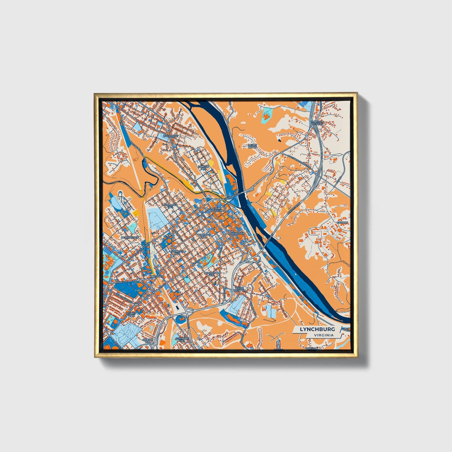 Lynchburg Virginia Colorful City Map Canvas Print • Gold Framed