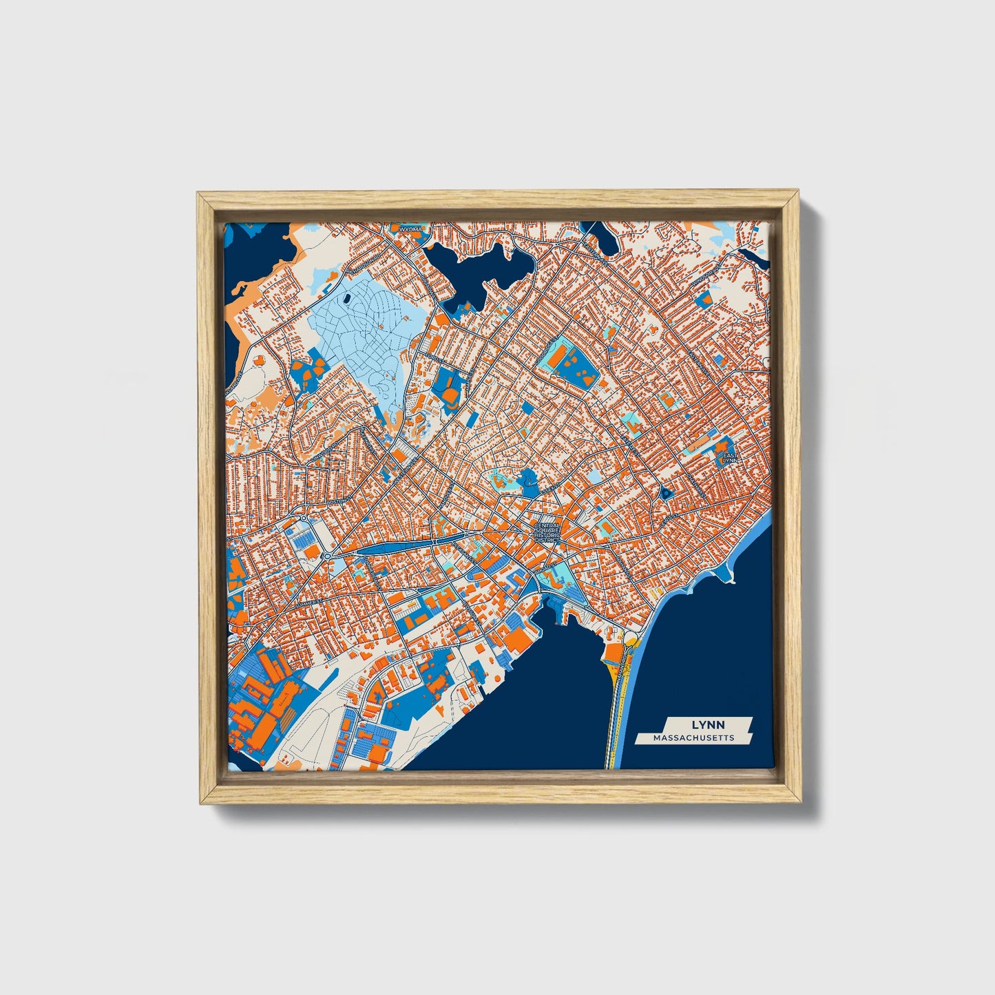 Lynn Massachusetts Colorful City Map Canvas Print • Natural Wooden Framed