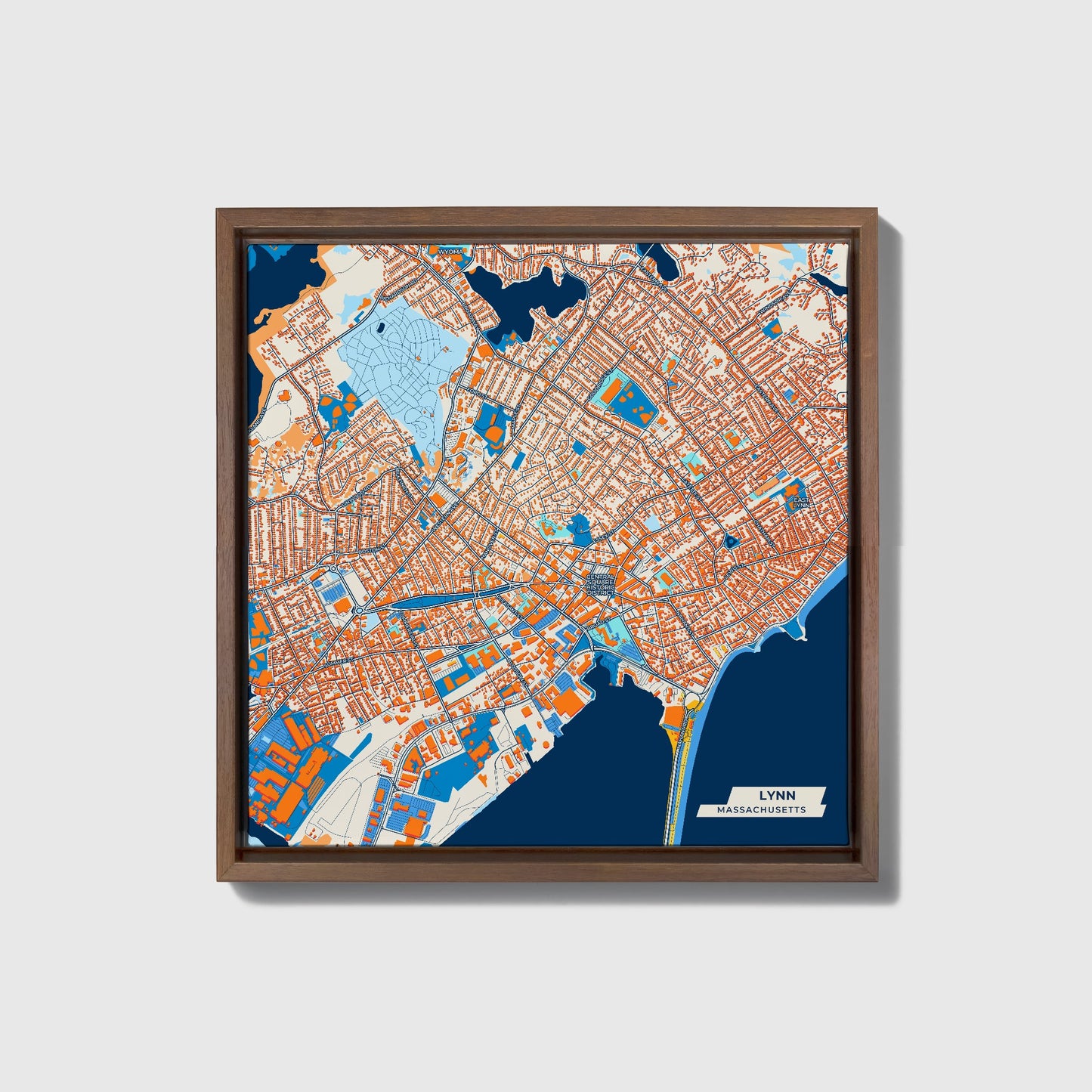 Lynn Massachusetts Colorful City Map Canvas Print • Dark Wooden Framed