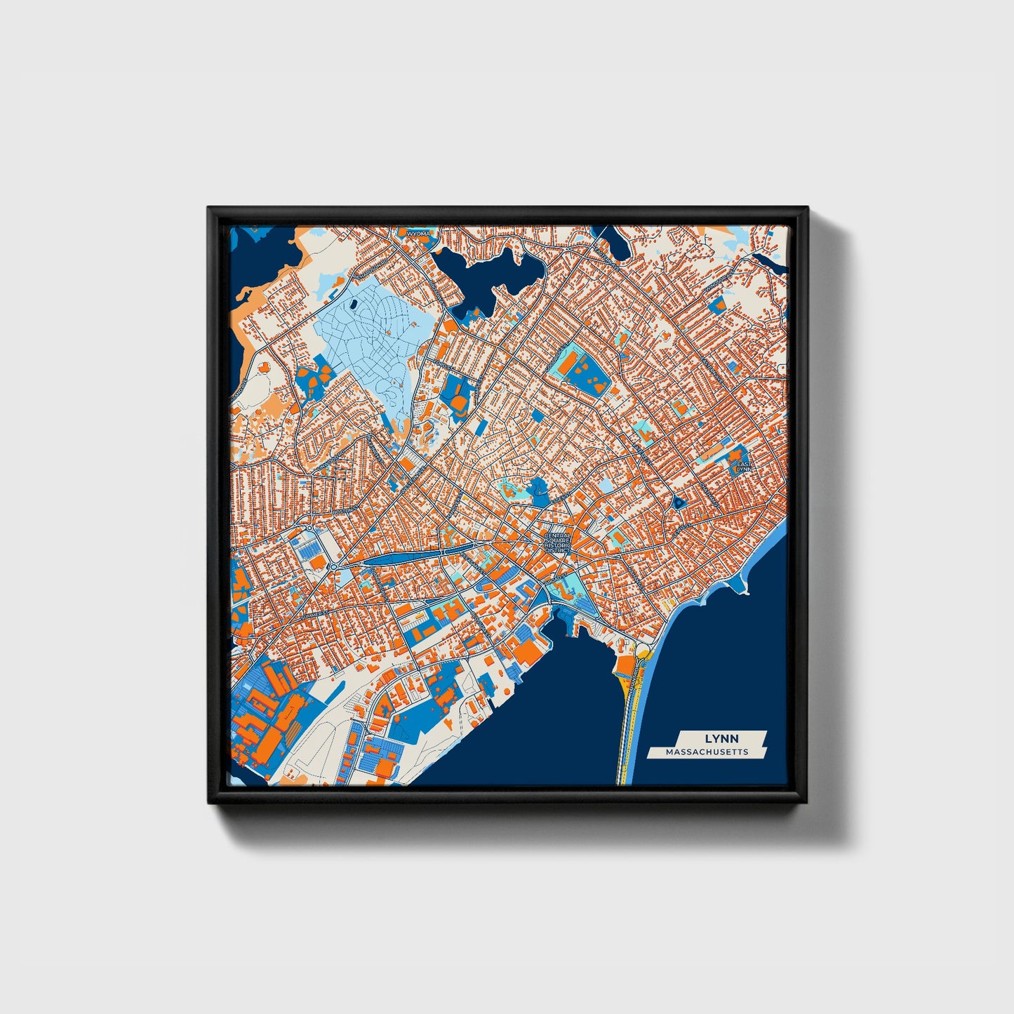 Lynn Massachusetts Colorful City Map Canvas Print • Black Framed