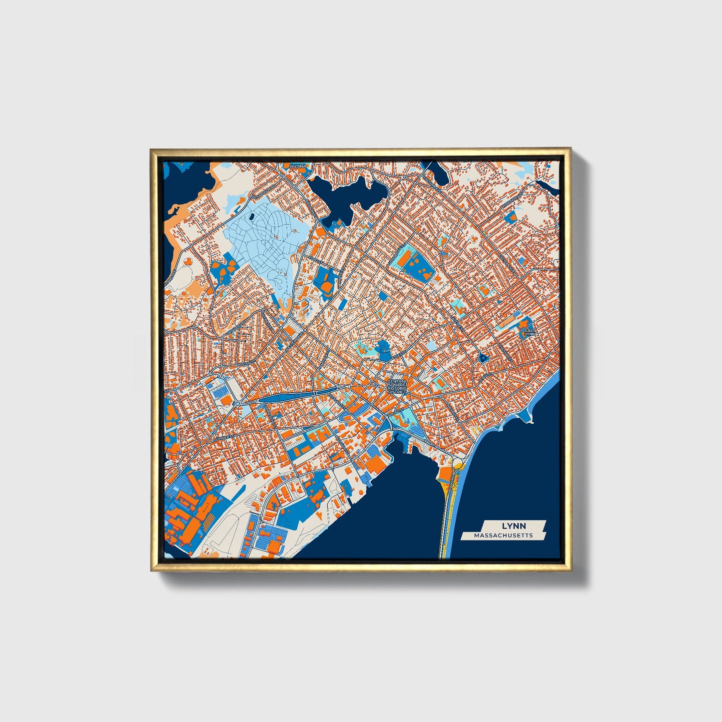 Lynn Massachusetts Colorful City Map Canvas Print • Gold Framed