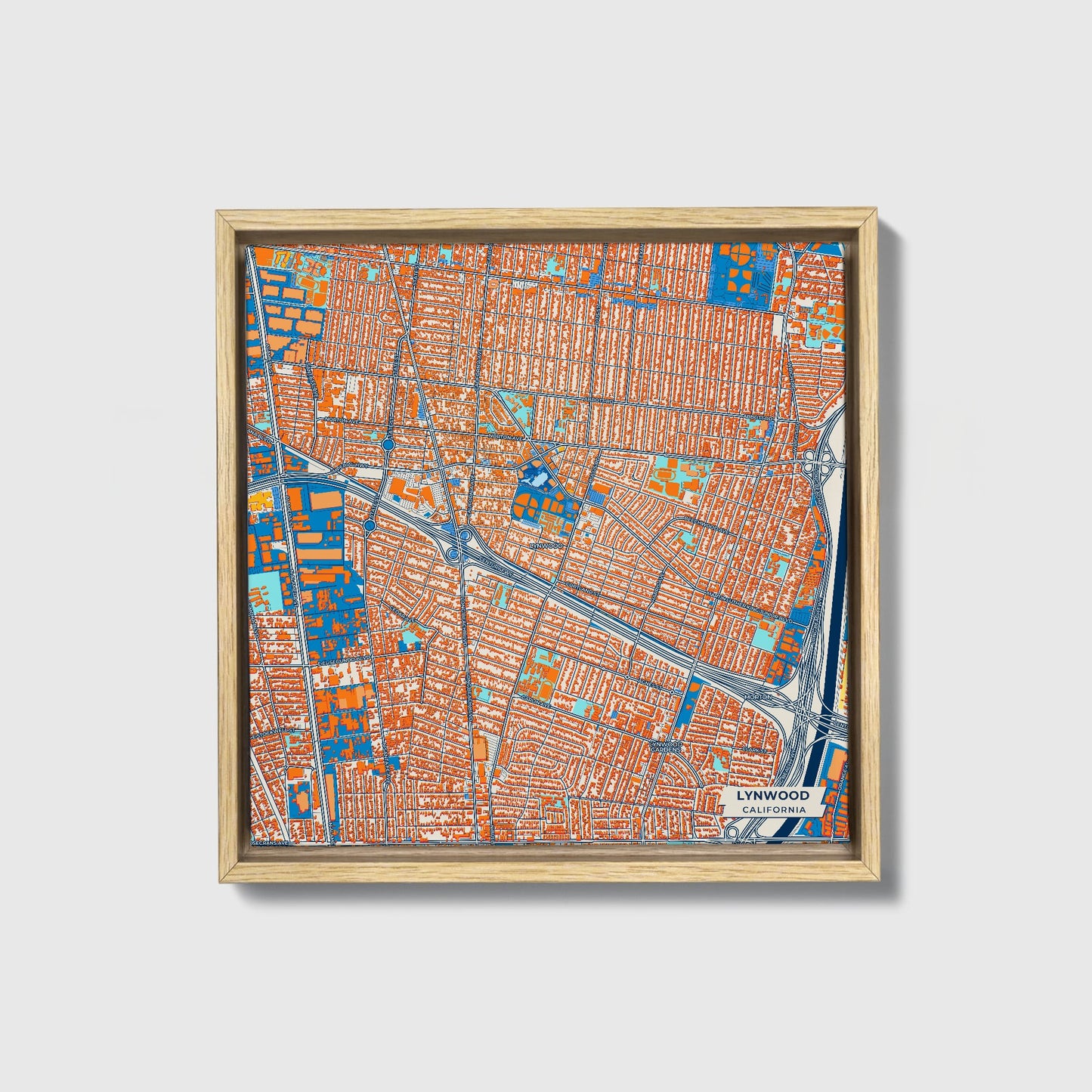 Lynwood California Colorful City Map Canvas Print • Natural Wooden Framed