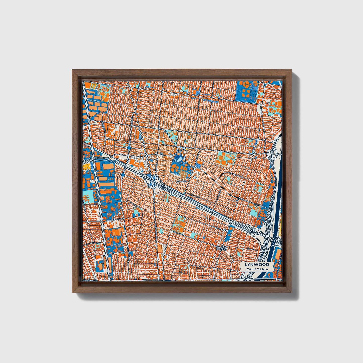 Lynwood California Colorful City Map Canvas Print • Dark Wooden Framed