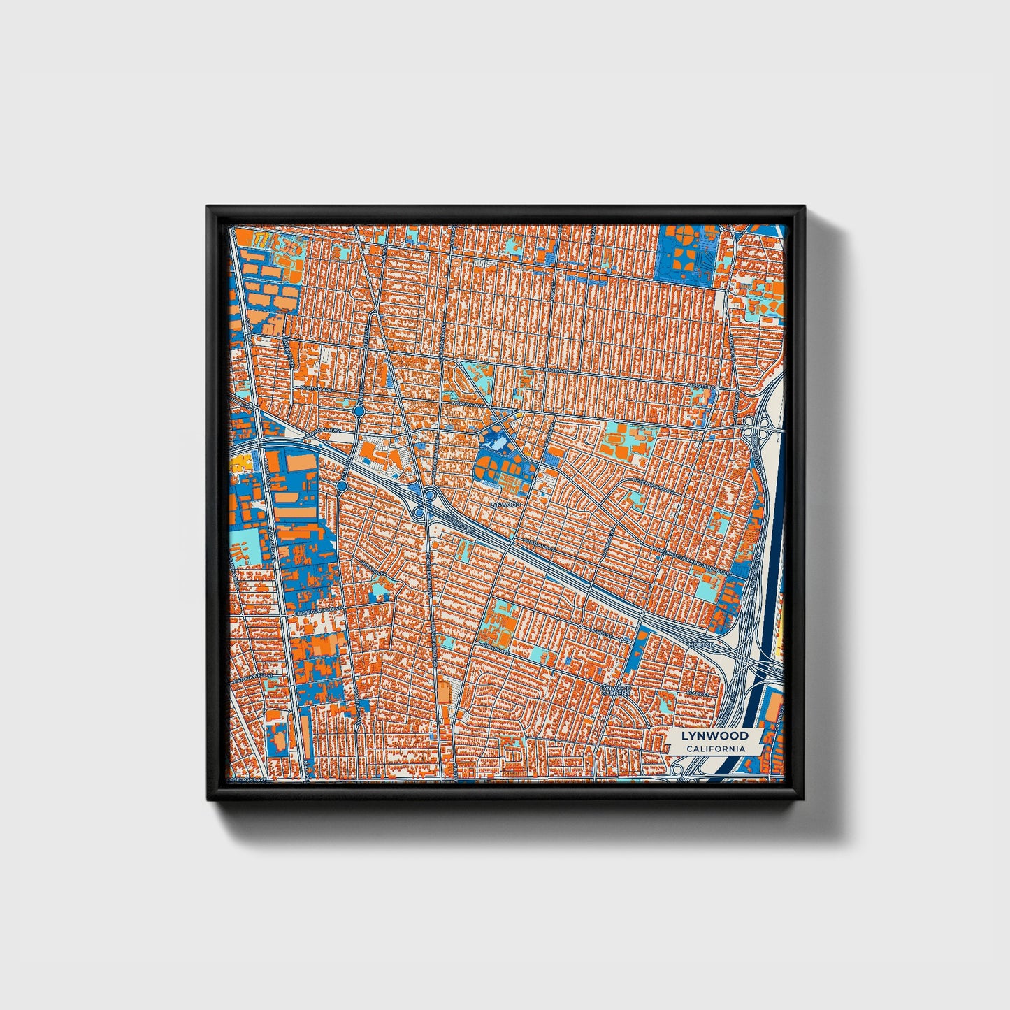 Lynwood California Colorful City Map Canvas Print • Black Framed