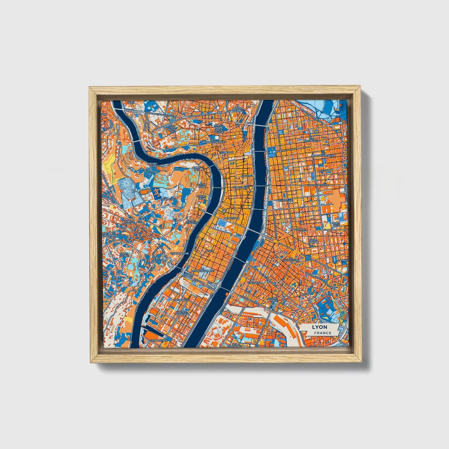 Lyon France Colorful City Map Canvas Print • Natural Wooden Framed