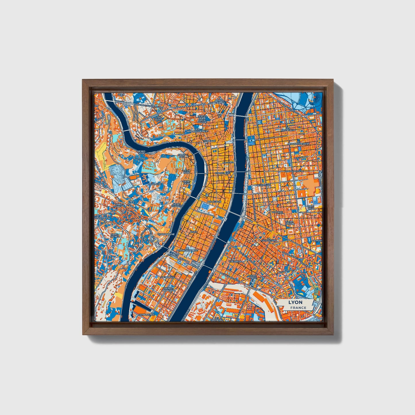 Lyon France Colorful City Map Canvas Print • Dark Wooden Framed