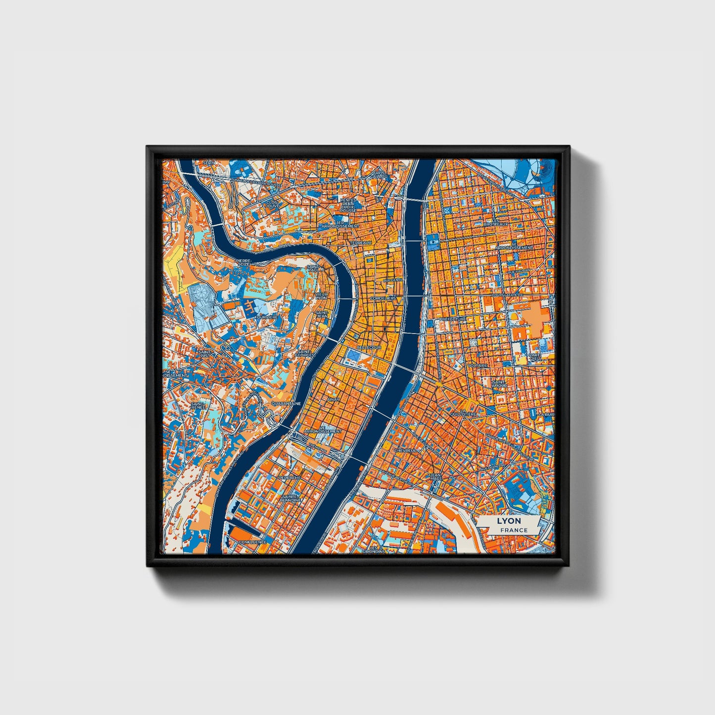 Lyon France Colorful City Map Canvas Print • Black Framed