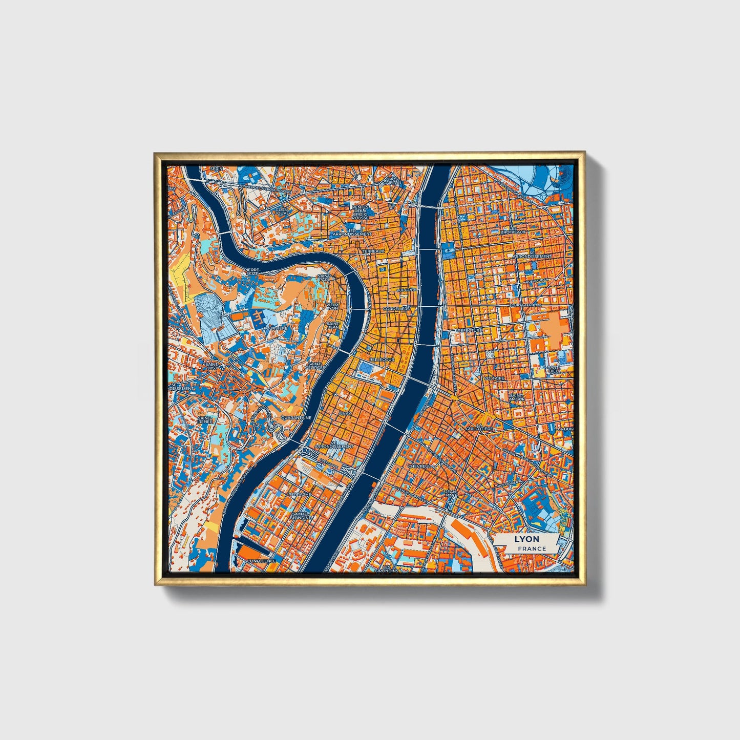 Lyon France Colorful City Map Canvas Print • Gold Framed