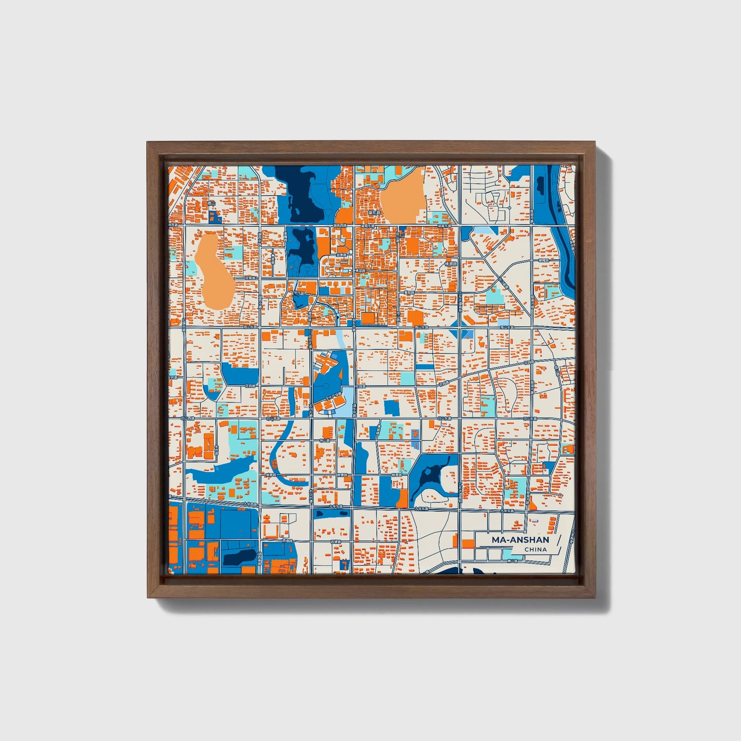 Ma-Anshan China Colorful City Map Canvas Print • Dark Wooden Framed