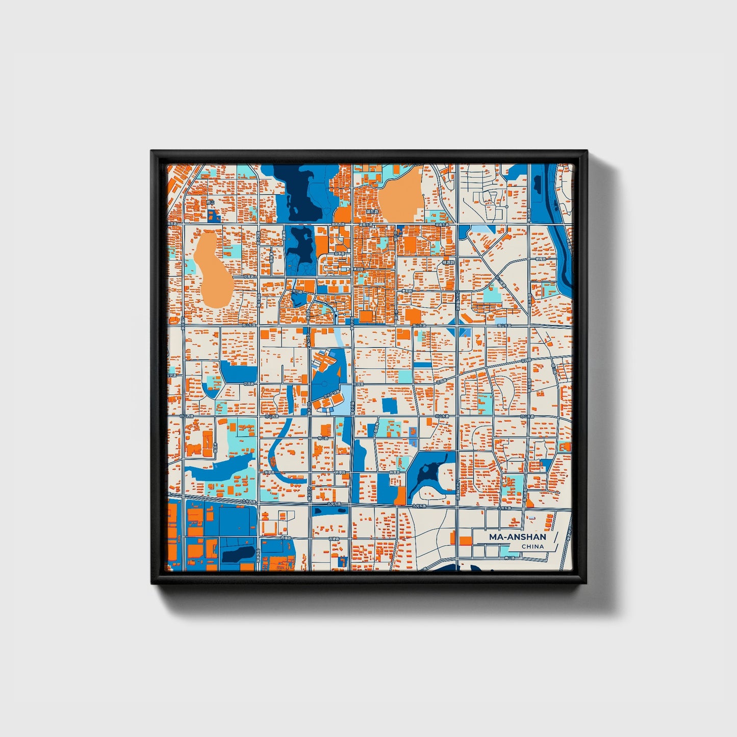 Ma-Anshan China Colorful City Map Canvas Print • Black Framed