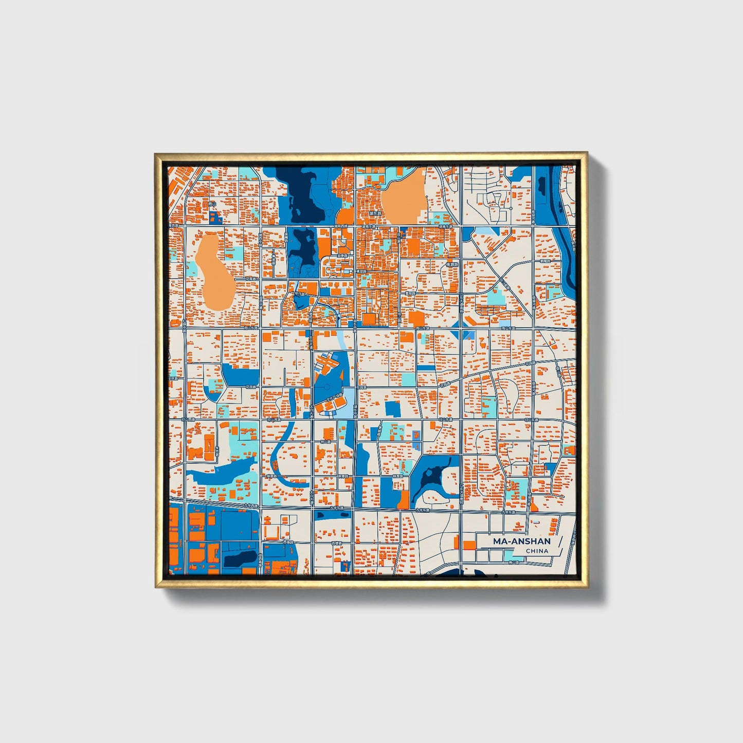 Ma-Anshan China Colorful City Map Canvas Print • Gold Framed