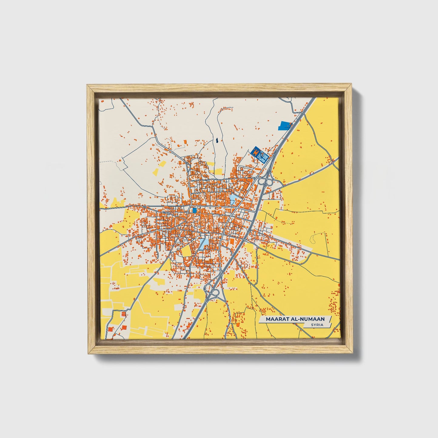 Maarat Al-Numaan Syria Colorful City Map Canvas Print • Natural Wooden Framed