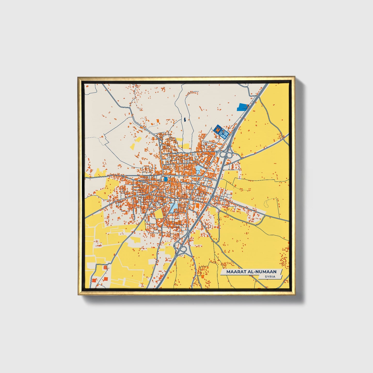 Maarat Al-Numaan Syria Colorful City Map Canvas Print • Gold Framed