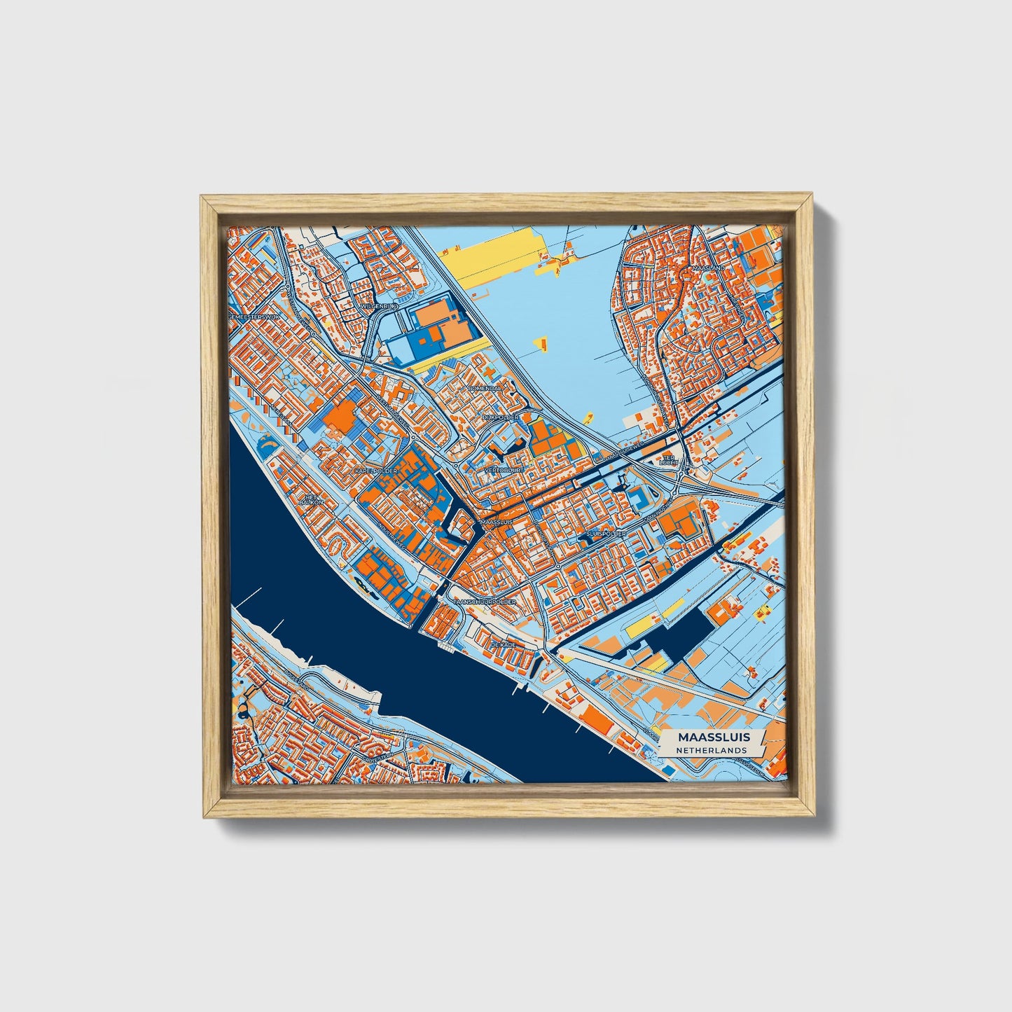 Maassluis Netherlands Colorful City Map Canvas Print • Natural Wooden Framed