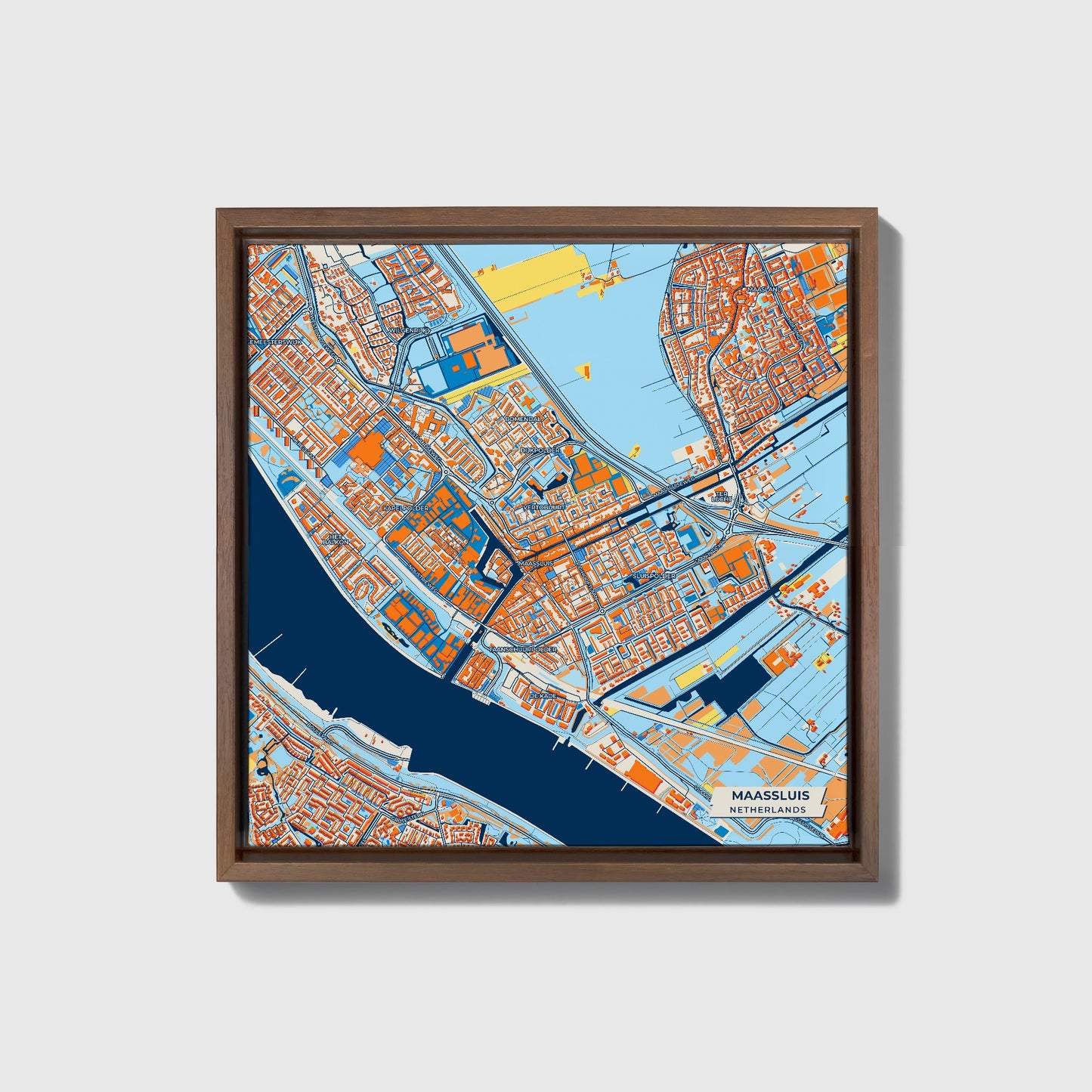 Maassluis Netherlands Colorful City Map Canvas Print • Dark Wooden Framed
