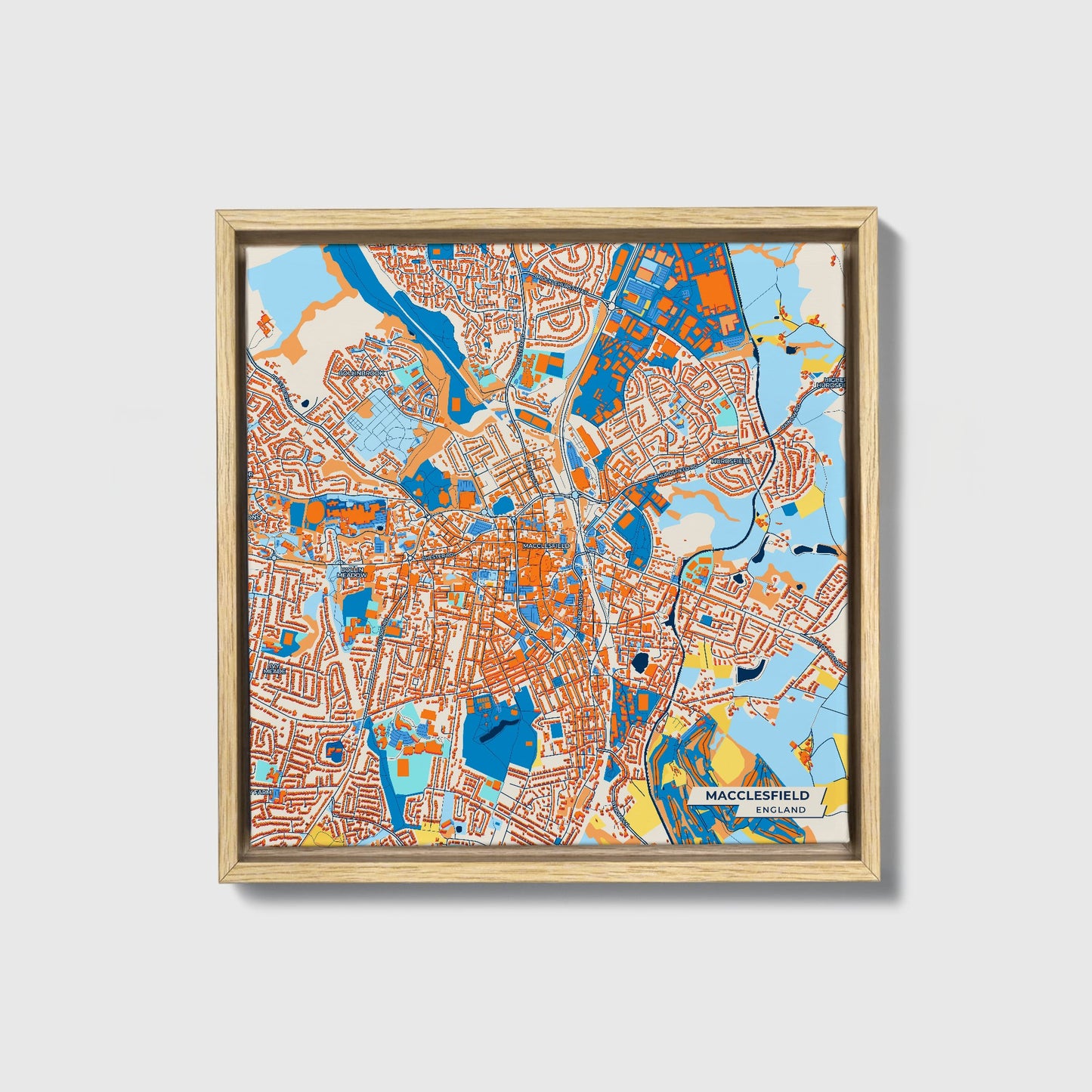 Macclesfield England Colorful City Map Canvas Print • Natural Wooden Framed
