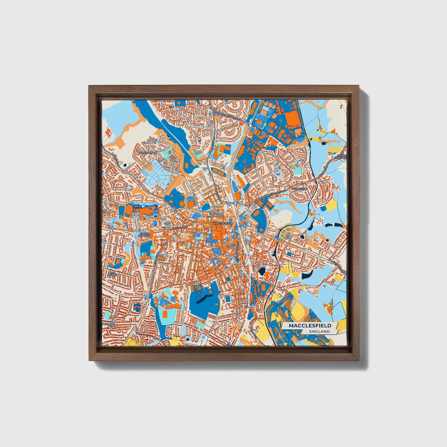 Macclesfield England Colorful City Map Canvas Print • Dark Wooden Framed