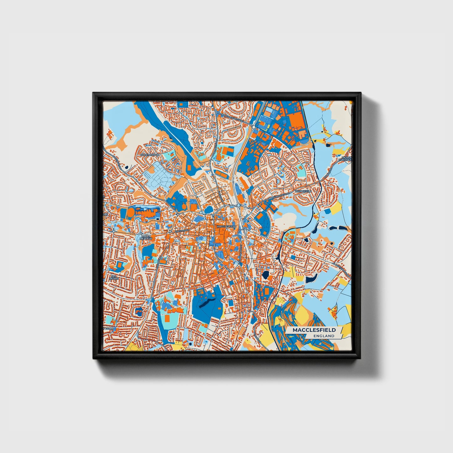 Macclesfield England Colorful City Map Canvas Print • Black Framed