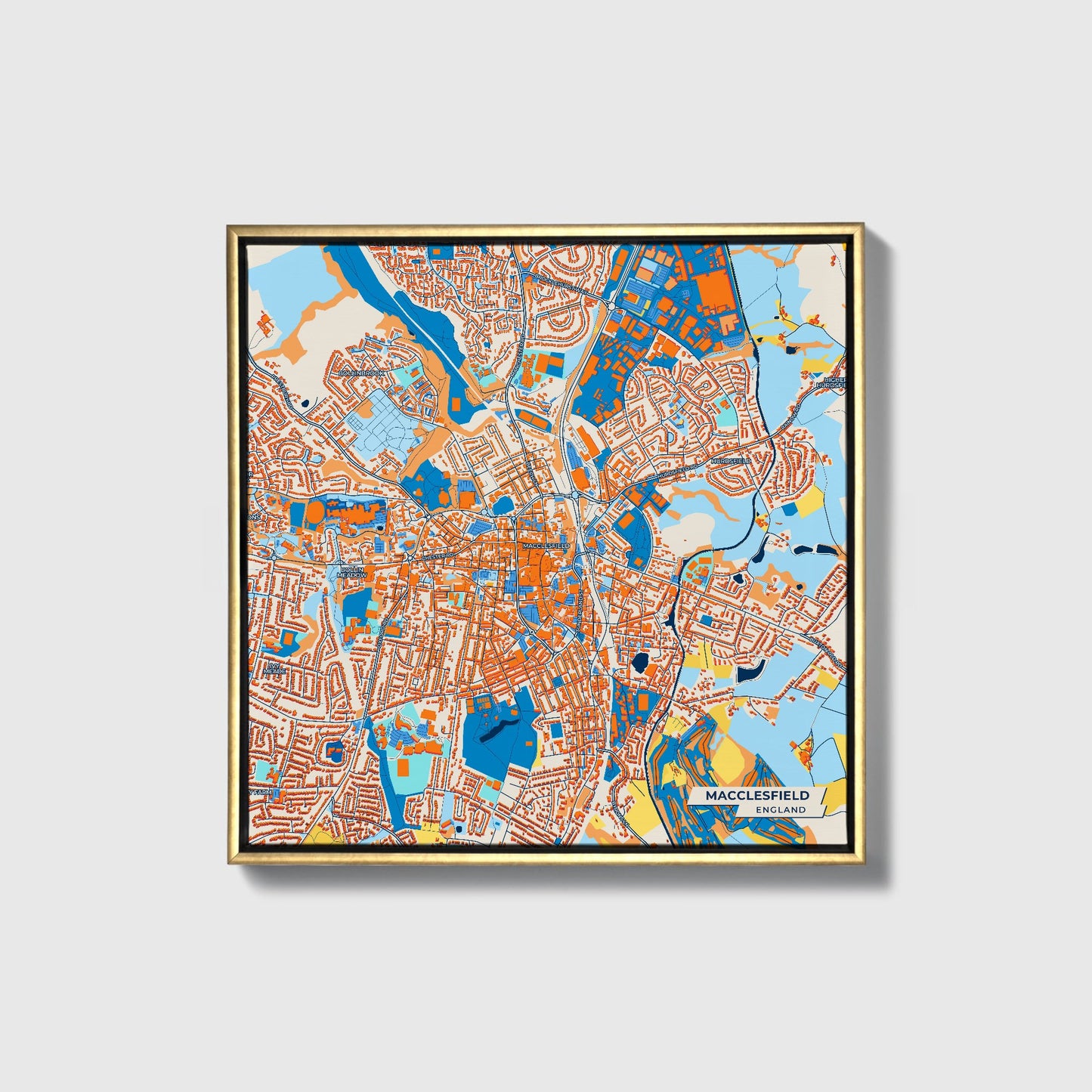 Macclesfield England Colorful City Map Canvas Print • Gold Framed